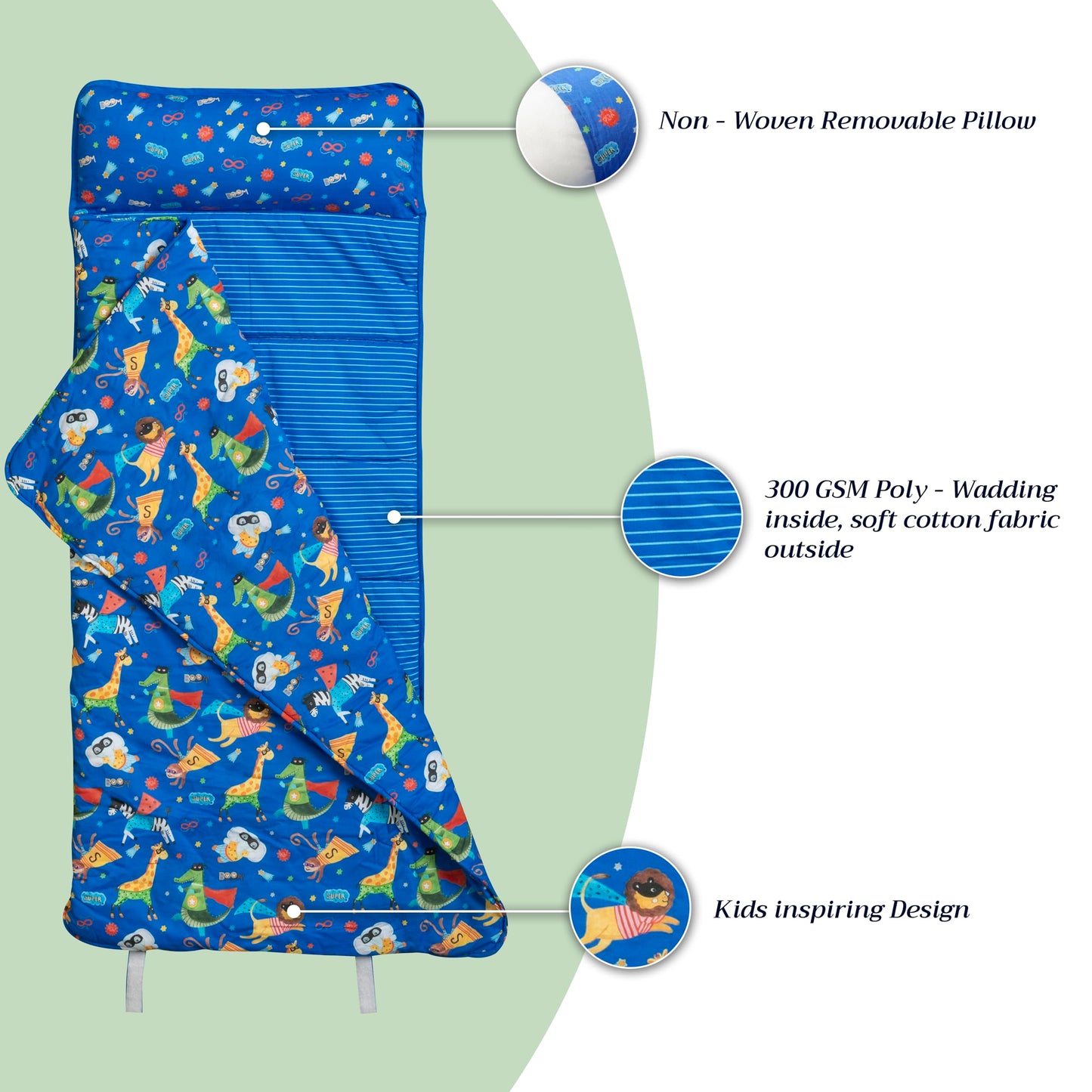 Maison d'Hermine - Tapete de siesta de superhéroe con almohada y manta reutilizables de 55 x 27 x 1.5 pulgadas, para niños y niñas, tapete de dormir preescolar con correas de transporte para el