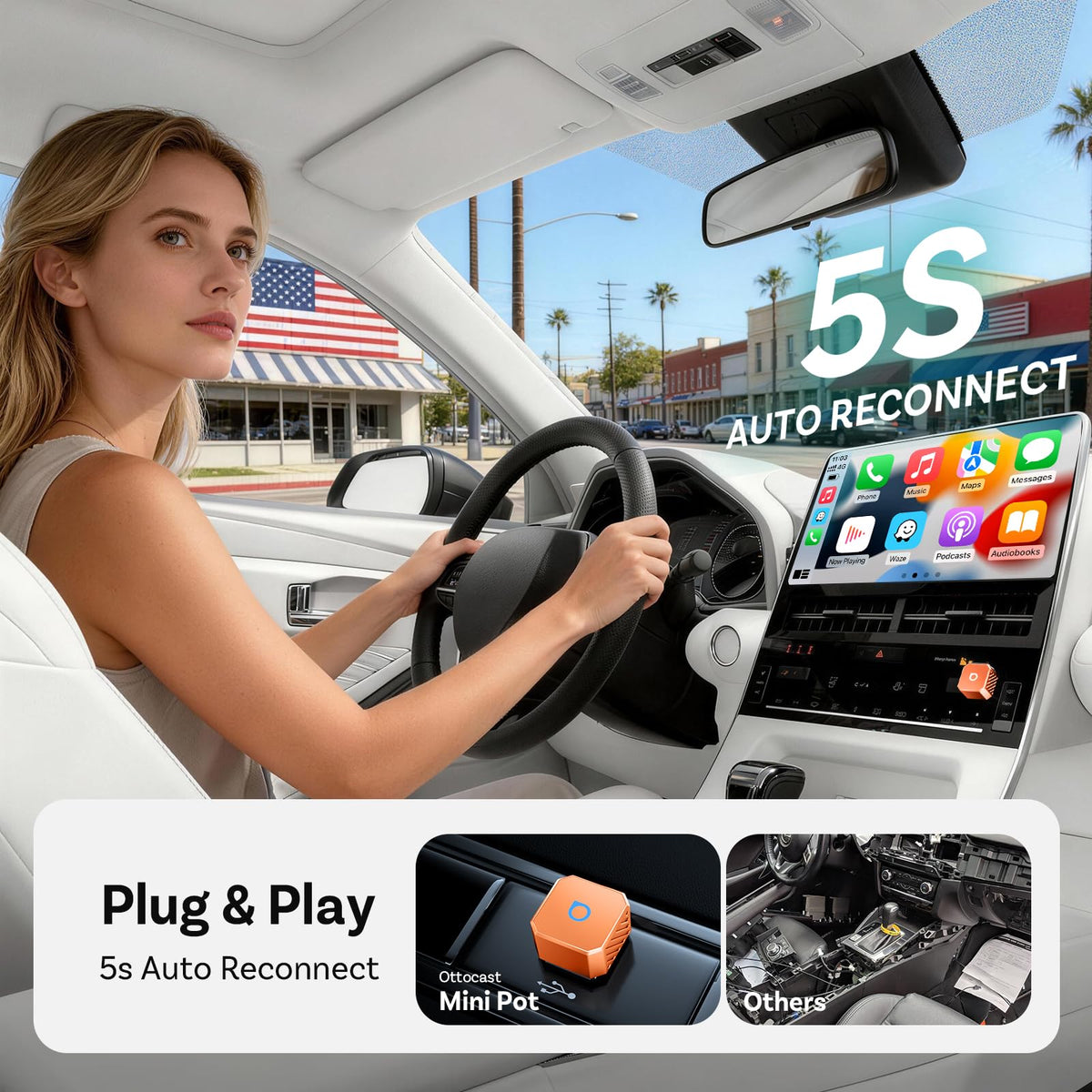 Adaptador Inalámbrico 2-en-1 OTTOCAST 2025 Mini 3.0 para CarPlay y Android Auto