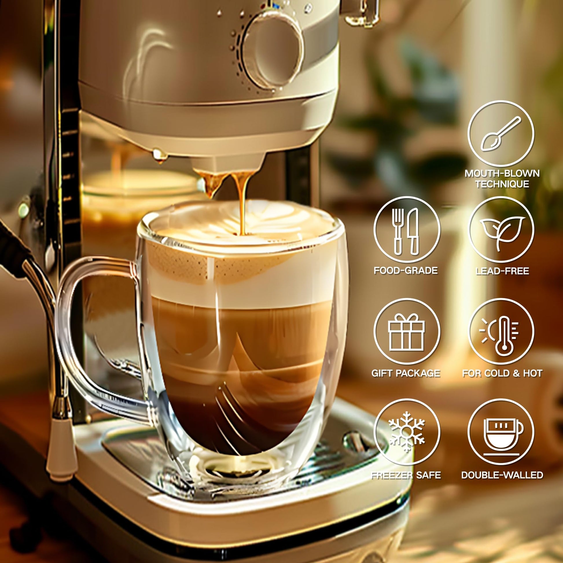 Juego de Tazas de Café de Vidrio YMMIND de Doble Pared con Asa para Bebidas Calientes