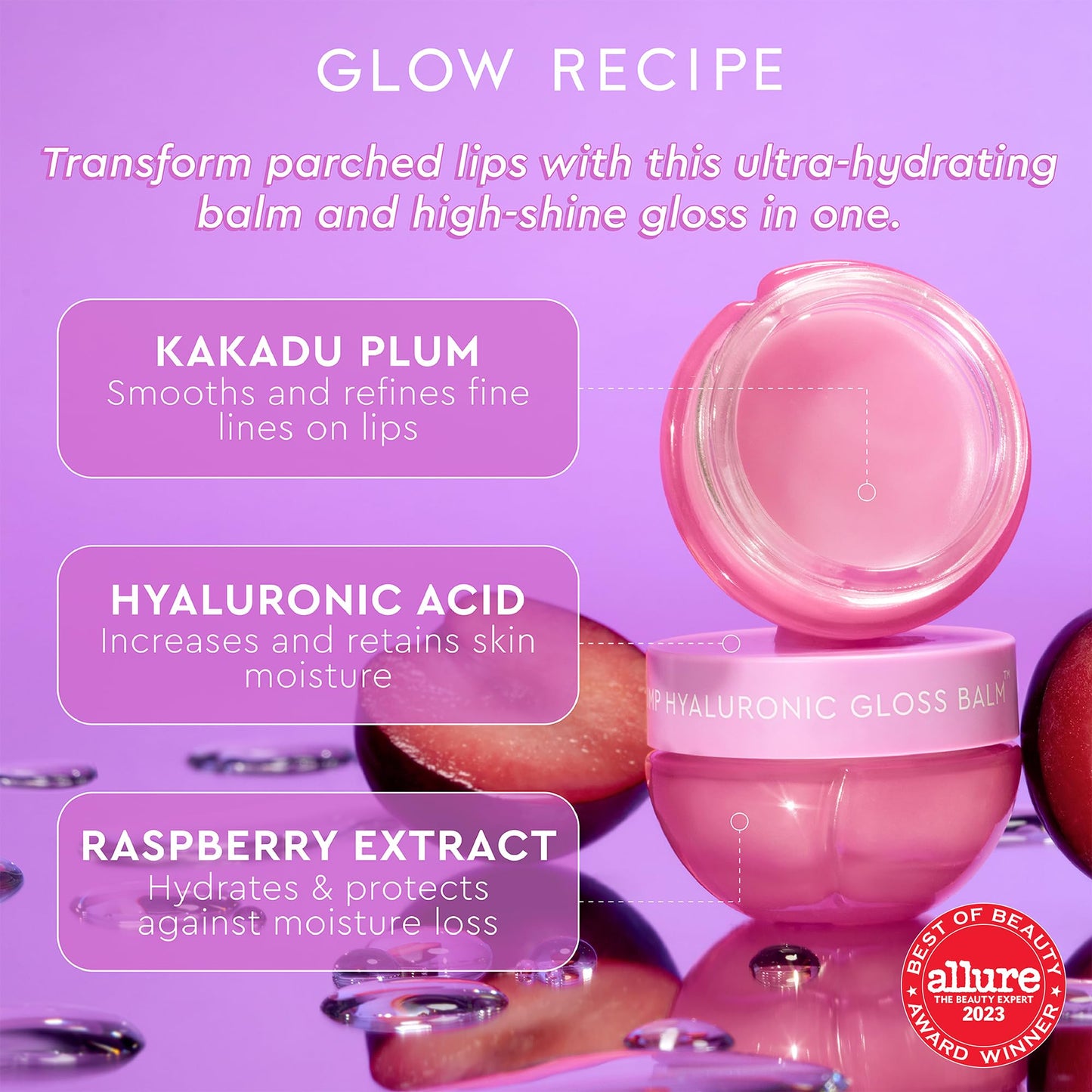 Glow Recipe- Bálsamo labial Plum Plump con ácido hialurónico: mascarilla labial de noche, tratamiento labial o hidratante de alto brillo