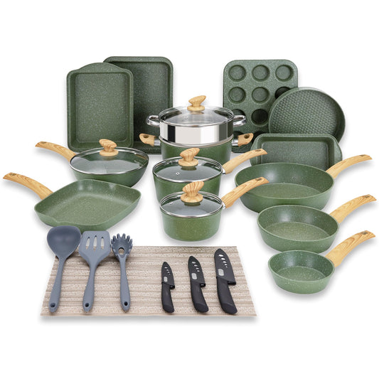 Kitchen Academy - Juego de ollas y sartenes antiadherentes, juego de utensilios de cocina de inducción de 30 piezas, juego de sartenes de cocina con revestimiento de granito verde