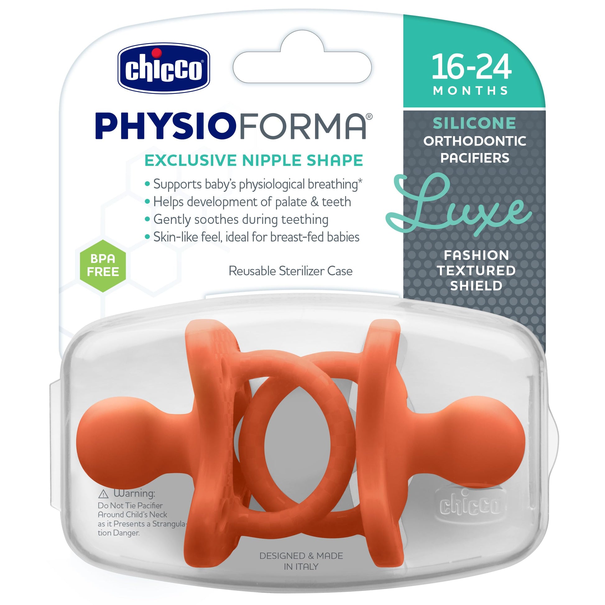 Chicco PhysioForma® - Chupete de silicona de lujo de una pieza para bebés de 16 a 24 m | Escudo texturizado de moda | Sin BPA y látex | Funda esterilizante reutilizable | Terracota, 2 unidades