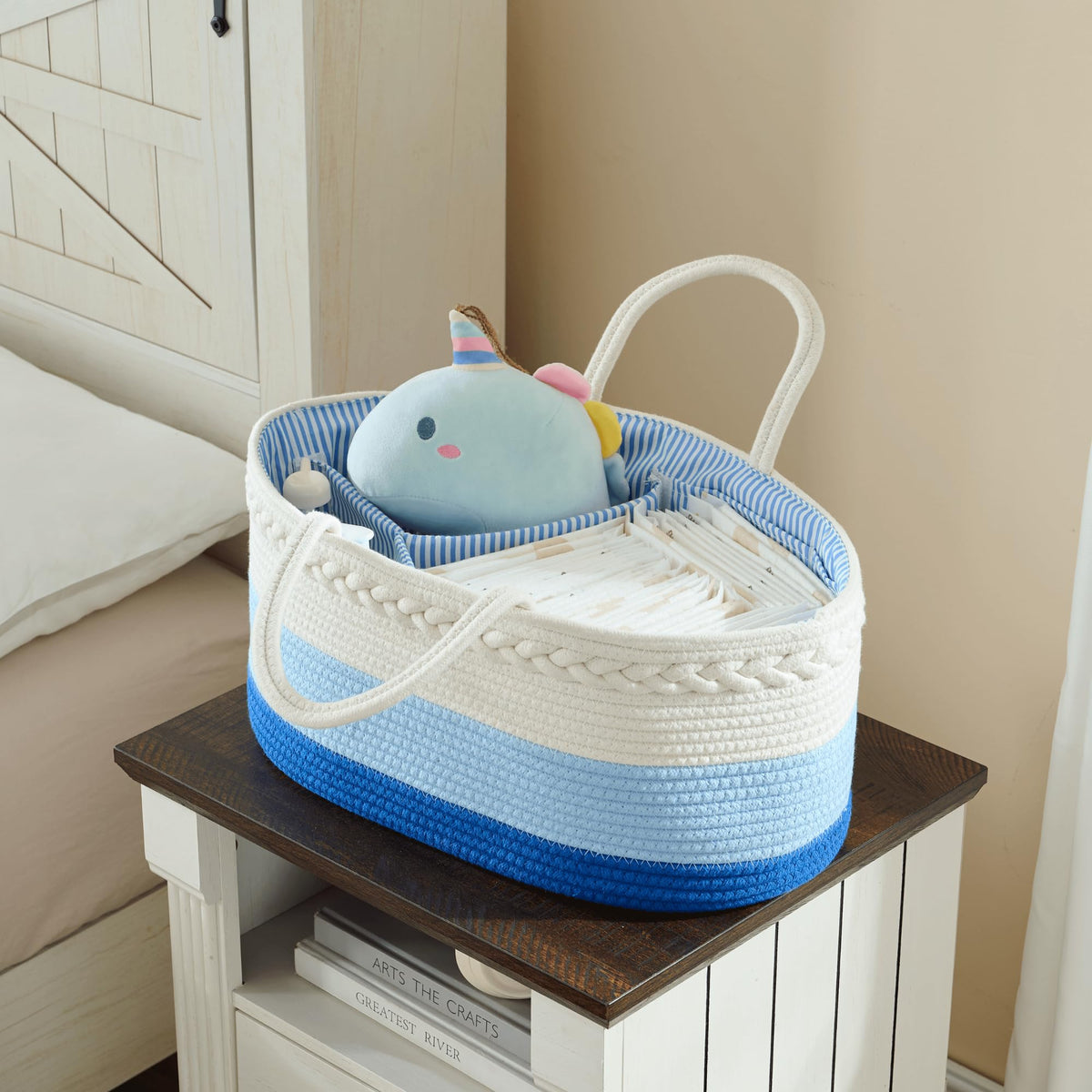 luxury little Organizador de pañales para bebé, cesta de pañales extragrande con cuerda de algodón para guardería, organizador de cambiador, bolsa portátil con divisor, almacenamiento de coche, regalos de baby