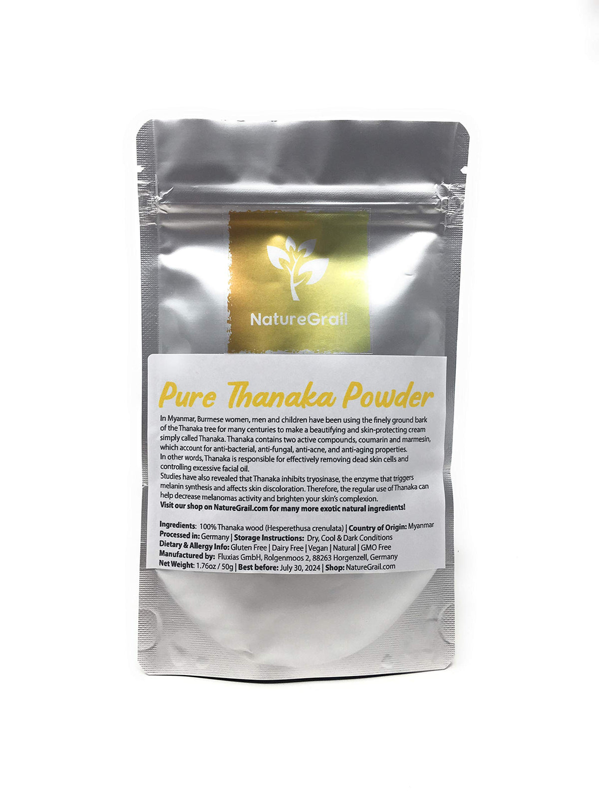 Pure Thanaka Powder - Tanaka from Thailand - Ingredients: 100% Thanaka Wood (Hesperethusa Crenulata) - Kosher, Halal, Organic - Net Weight: 1.76Oz / 50G, Naturegrail, HERB, Polvo, 1 Unidades, Certific