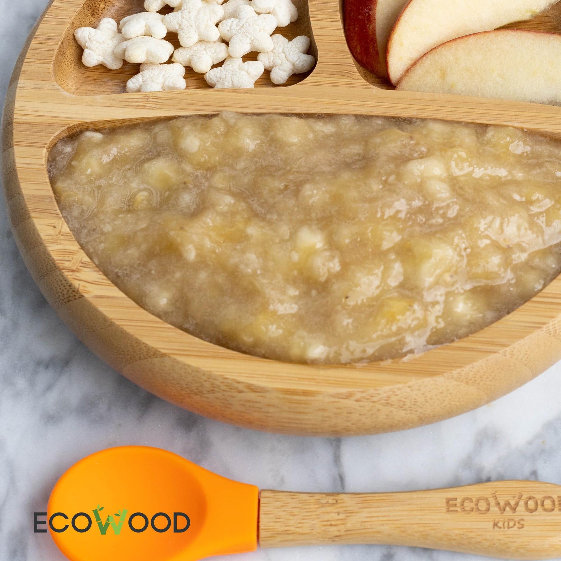Ecowood® Plato Extendido de Bambú con Divisiones para Bebe y Niño - Con Base de Silicona Succión Adherente y Antiderrapante (Naranja)