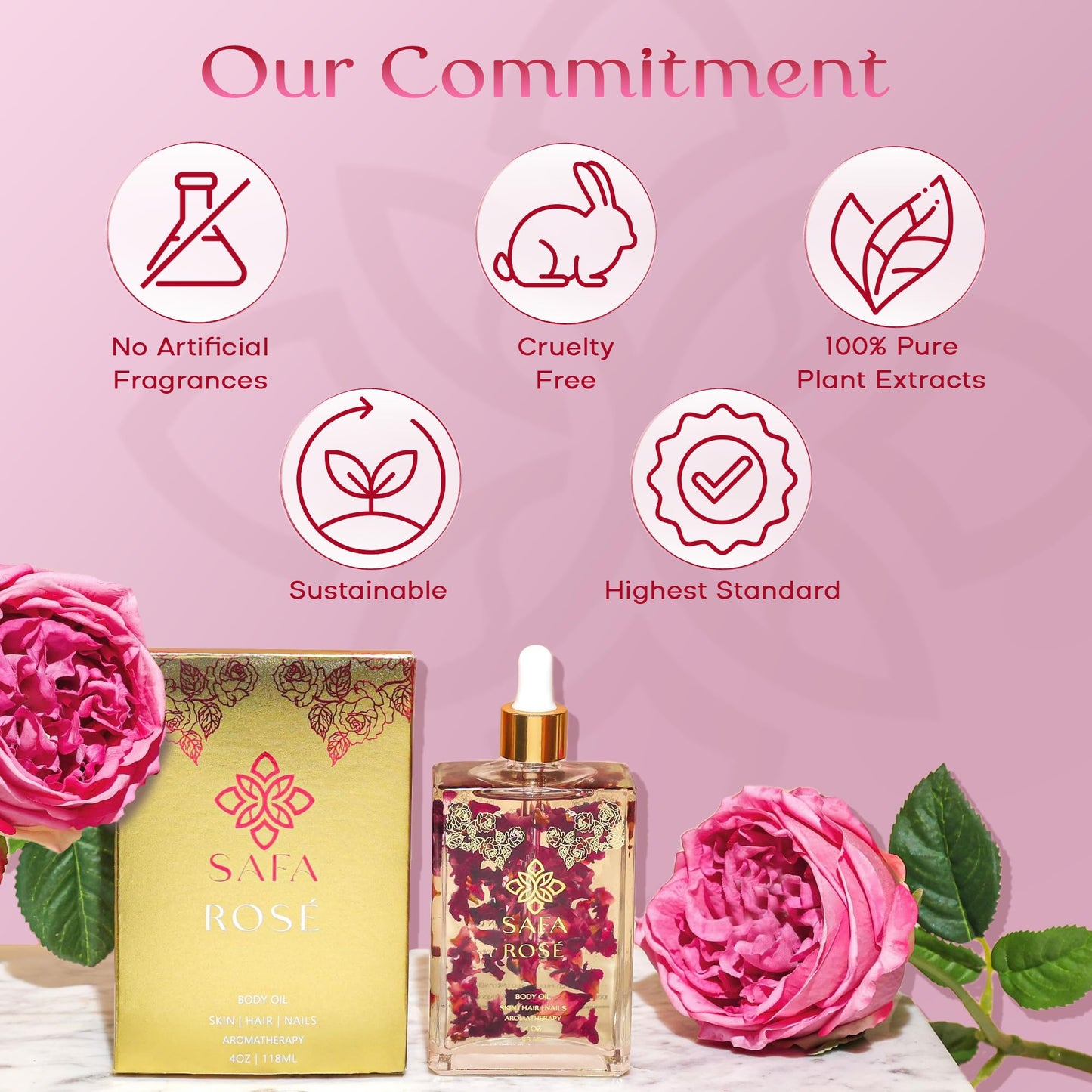 SAFA Rosé Oil - Organic Oil for Face, Body, Hair, Nails & Aromatherapy | Natural Blend of Bulgarian Damask Rose, Moroccan Argan, Sweet Almond, Vitamin E, & Apricot Oil | Moisturizer for Women & Men