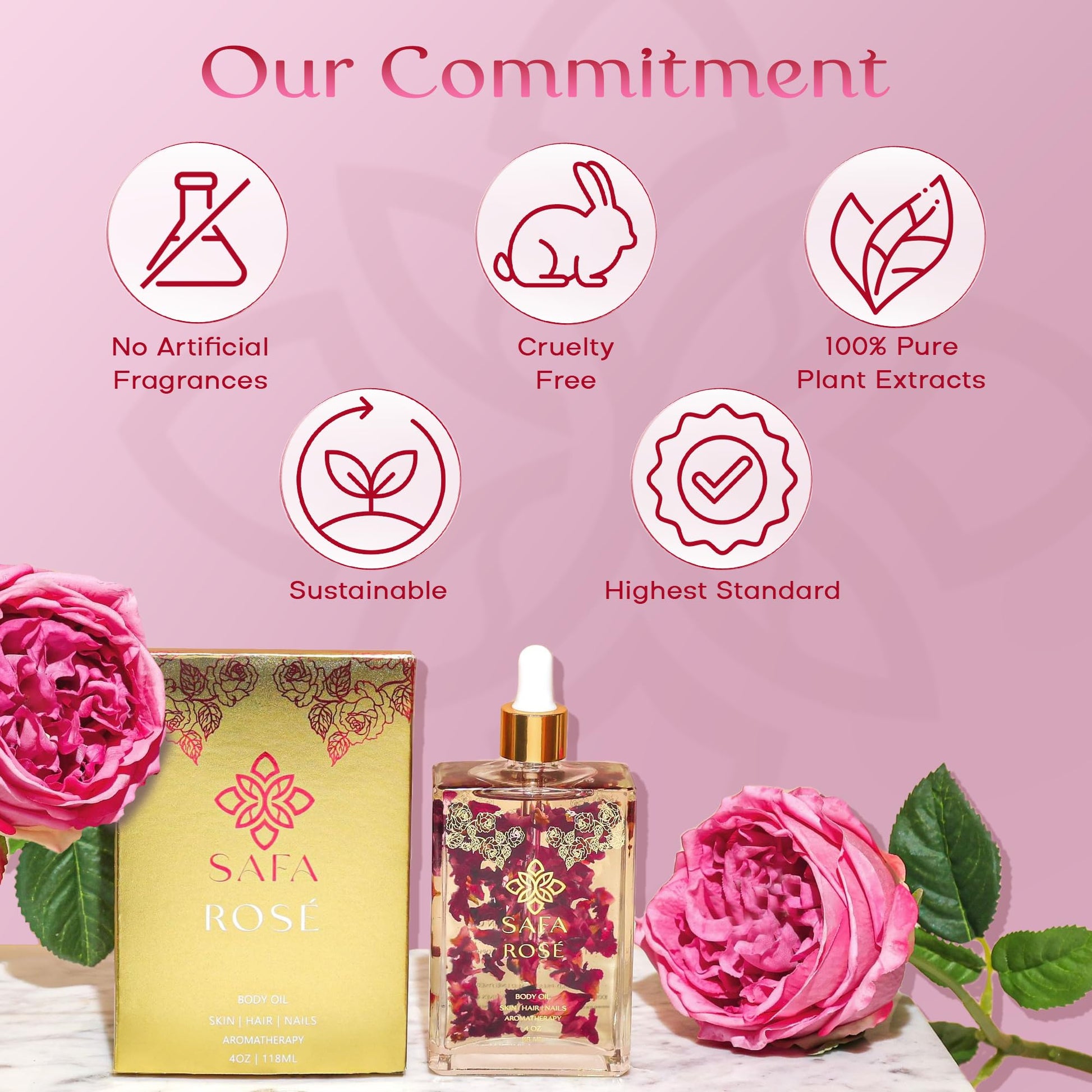 SAFA Rosé Oil - Organic Oil for Face, Body, Hair, Nails & Aromatherapy | Natural Blend of Bulgarian Damask Rose, Moroccan Argan, Sweet Almond, Vitamin E, & Apricot Oil | Moisturizer for Women & Men