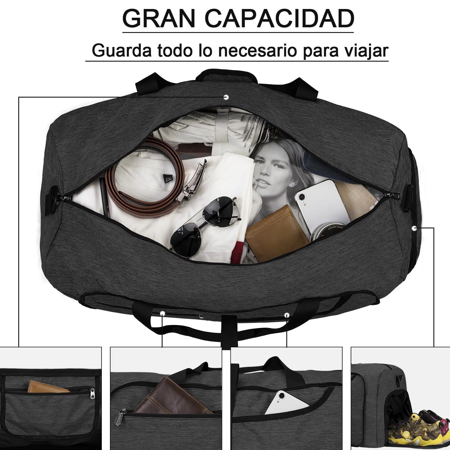 Bolsa de Viaje NEWHEY Negro Plegable Impermeable con Compartimento para Zapatos para Hombre y Mujer