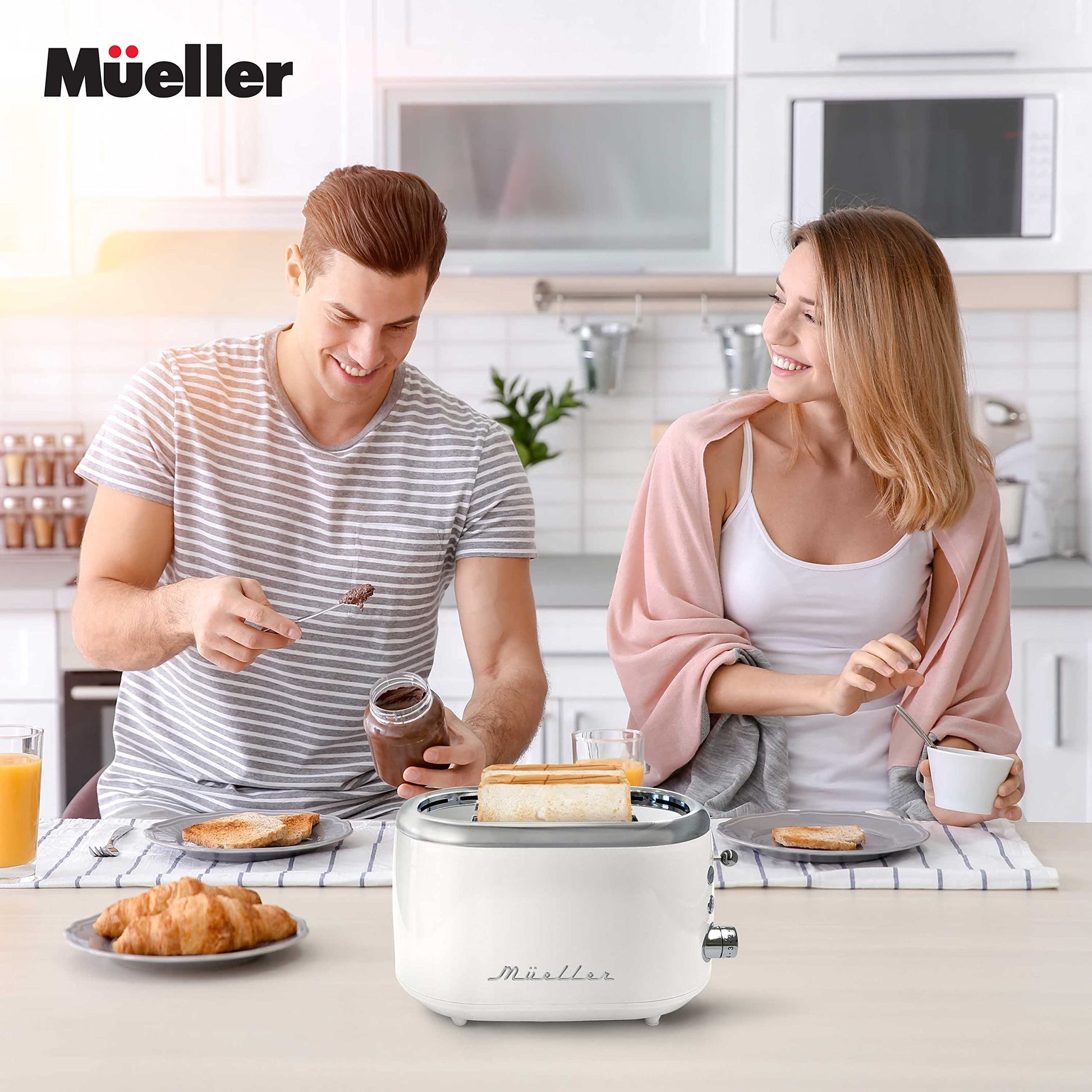 MÜELLERHOME tostador retro de 2 rebanadas, 7 niveles de dorado, 3 funciones (recalentar, descongelar, cancelar), bandeja extraíble para migas, almacenamiento de cable debajo de la base,
