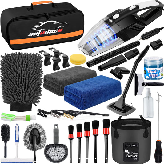 AUTODECO - Kit de 41 piezas de limpieza de coche, kit de limpieza de detalles interiores con aspiradora de mano de alta potencia, cubeta plegable, herramienta para parabrisas, pala de nieve, cepillo