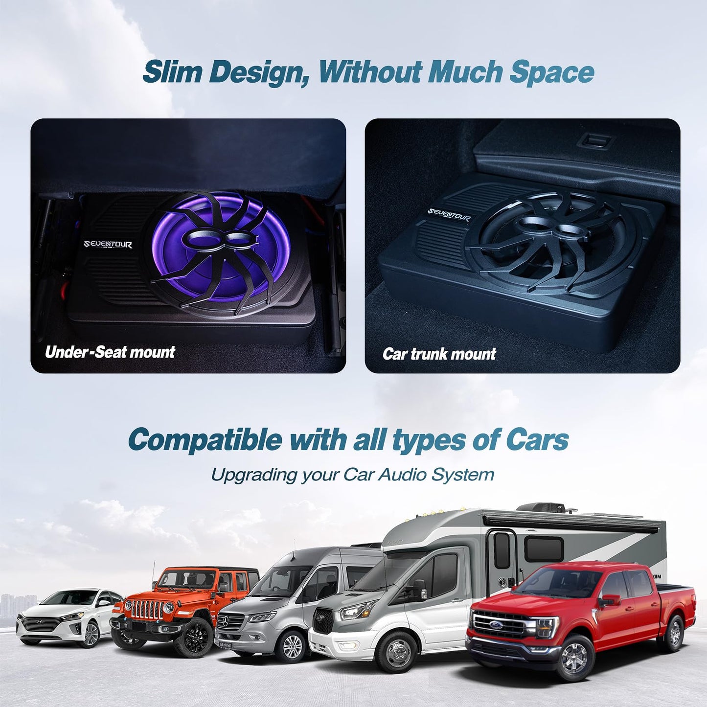 Subwoofer de 10 pulgadas de 800 W delgado alimentado por debajo del asiento, subwoofer de audio para coche/camión, amplificador integrado en combinación, con luz LED azul (subwoofer LED RGB + kit de