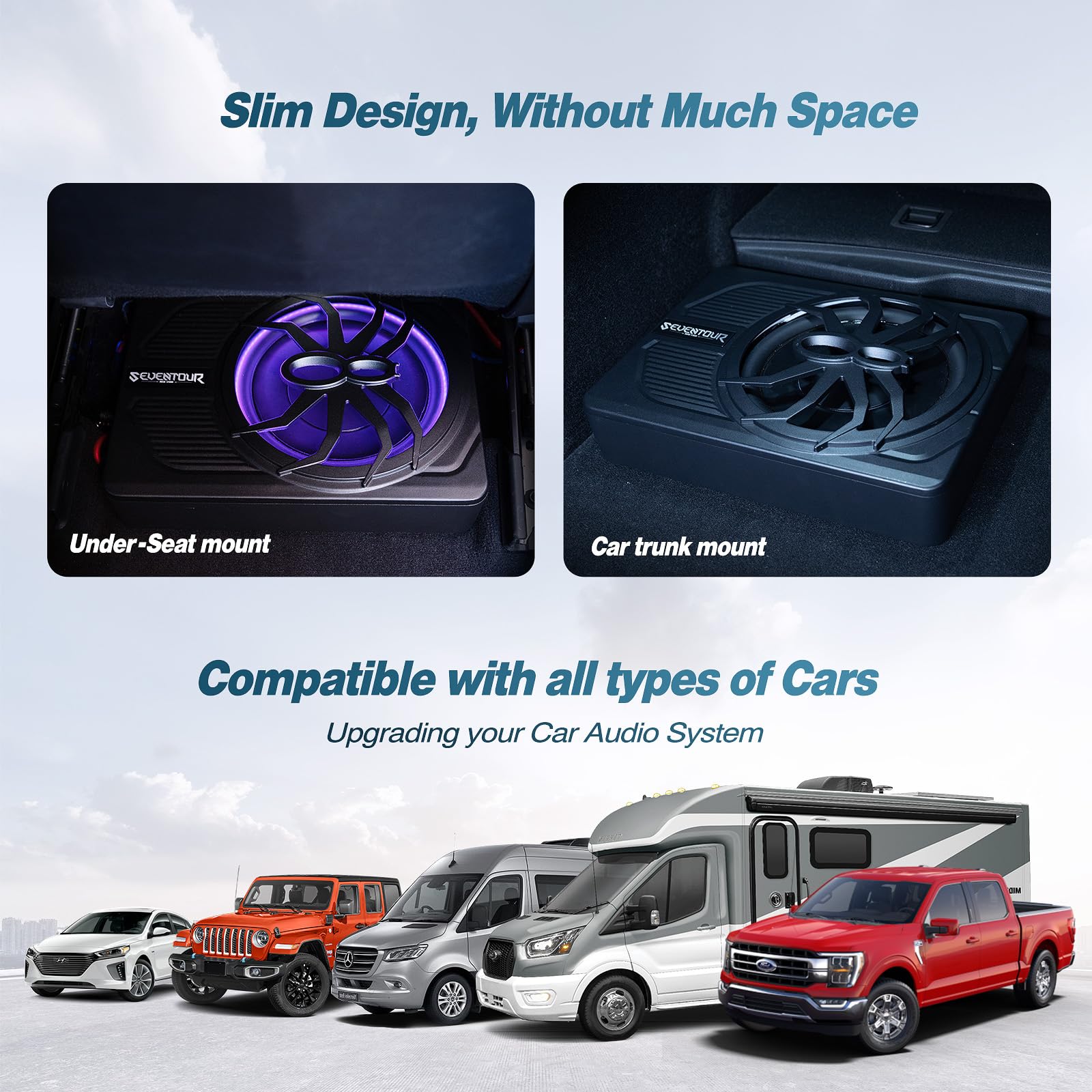 Subwoofer de 10 pulgadas de 800 W delgado alimentado por debajo del asiento, subwoofer de audio para coche/camión, amplificador integrado en combinación, con luz LED azul (subwoofer LED RGB + kit de