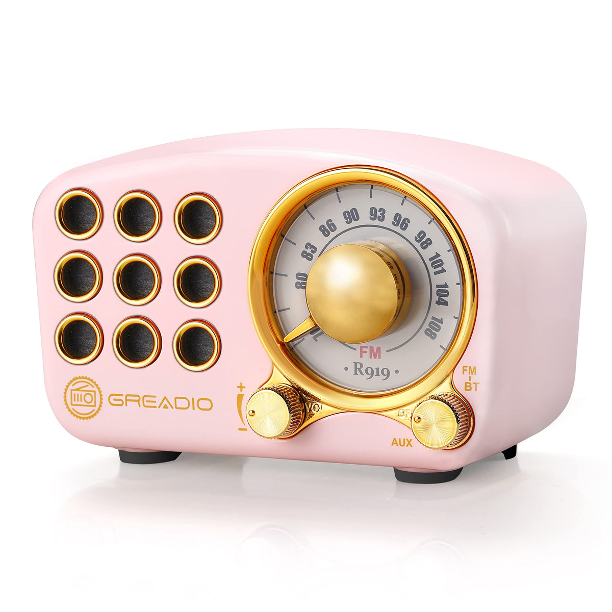 Altavoz Bluetooth Retro Greadio Rosa con Radio FM y Mejora de Graves