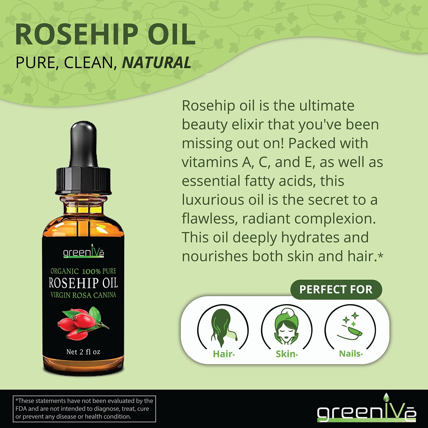 Greenive – Aceite de Rosa Mosqueta 100% Puro y Prensado en Frío – Rosa Canina – 236.59ml (8oz) – Unisex – Exclusivo en Amazon