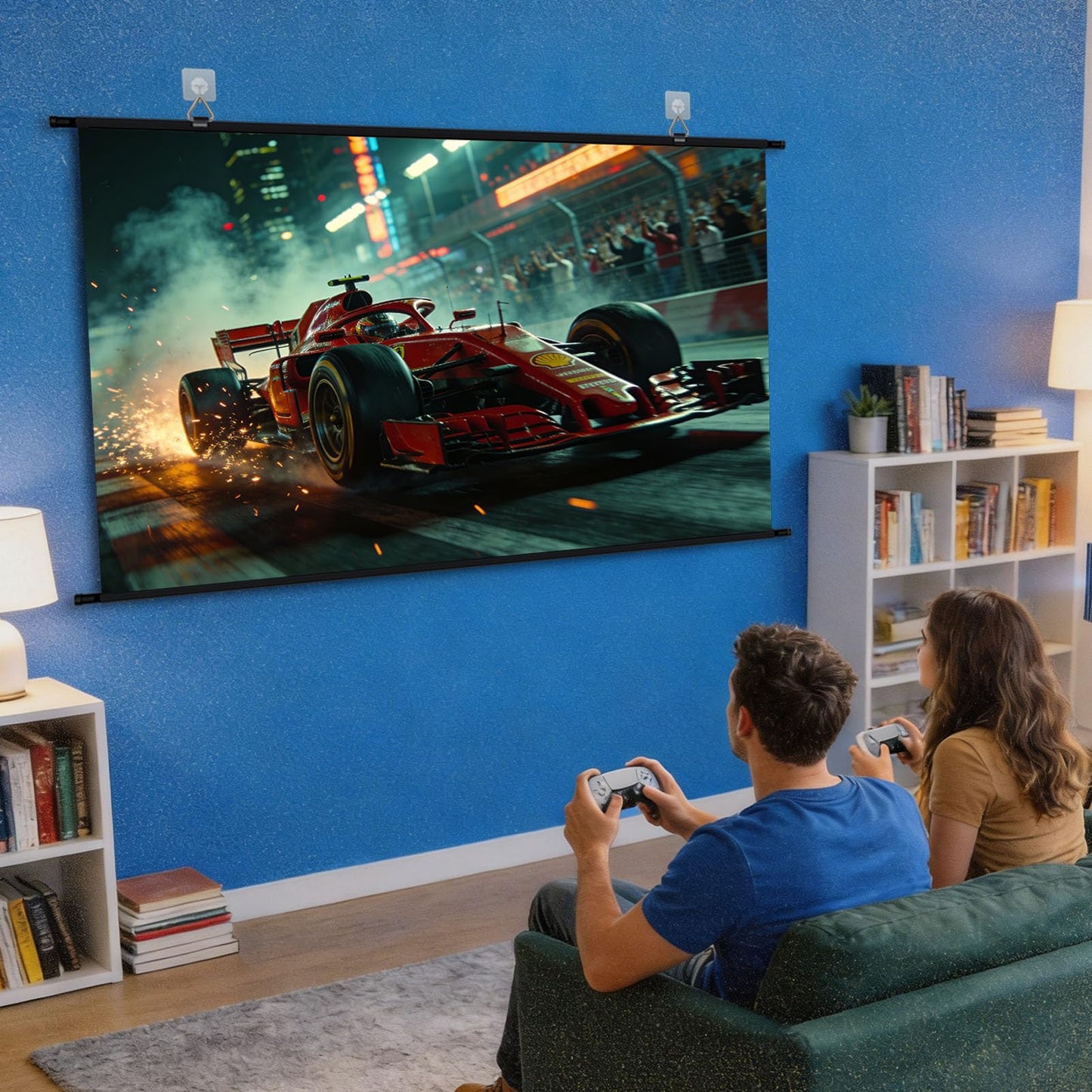 XIAOHUI - visualización de proyector portátil de 110 pulgadas, visualización de proyector de película portátil para interiores y exteriores con 3 ganchos adhesivos, visualización de proyección