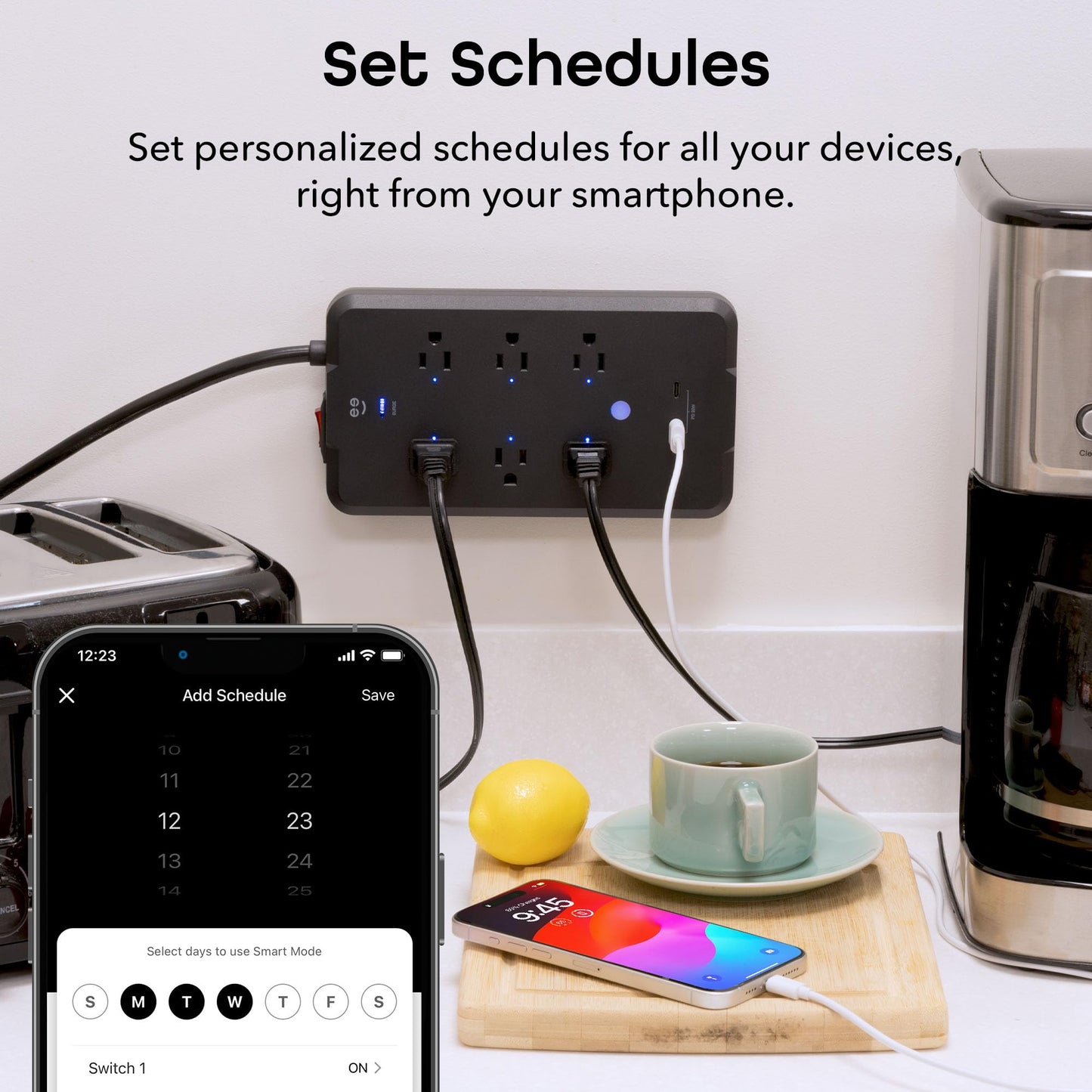 Geeni Surge Smart Power Strip, 6 tomacorrientes con 2 puertos USB, protección contra sobretensiones 12000J, monitoreo de energía, control de voz compatible con Alexa y Google Assistant, control remoto