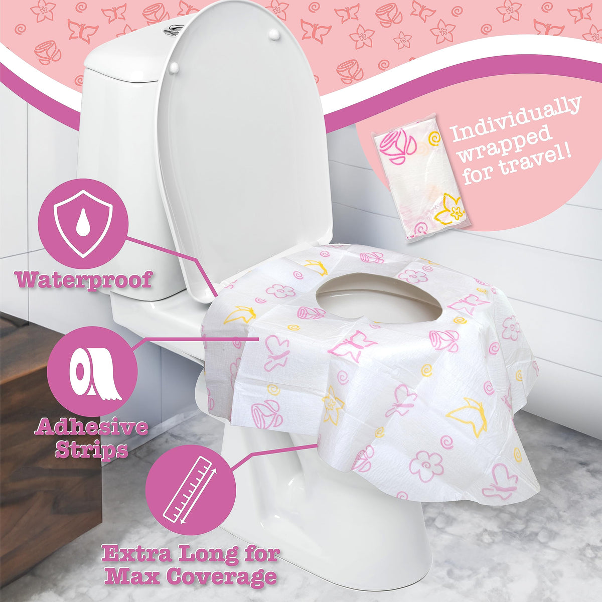 Cubiertas de asiento de orinal Potty Shields desechables (paquete de 6, floral) - Funda de orinal XL impermeable para niños pequeños, niños y adultos - Portátil y envueltas individualmente para viajes