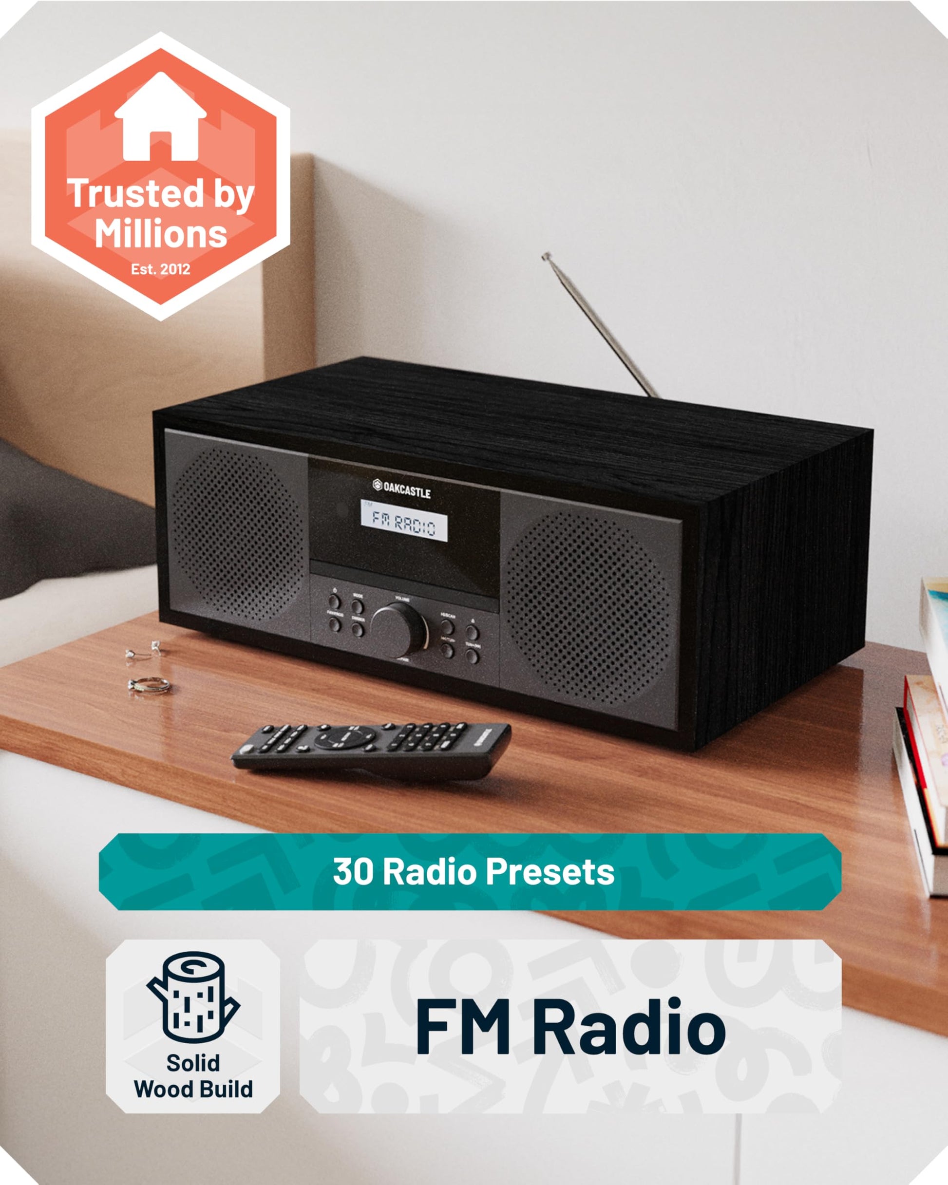 Sistema estéreo Bluetooth 5.2 para el hogar | Potente reproductor de CD de 60 W con altavoces estéreo integrados y control remoto | Reproducción USB y AUX | Radio FM, 30 preconfiguraciones