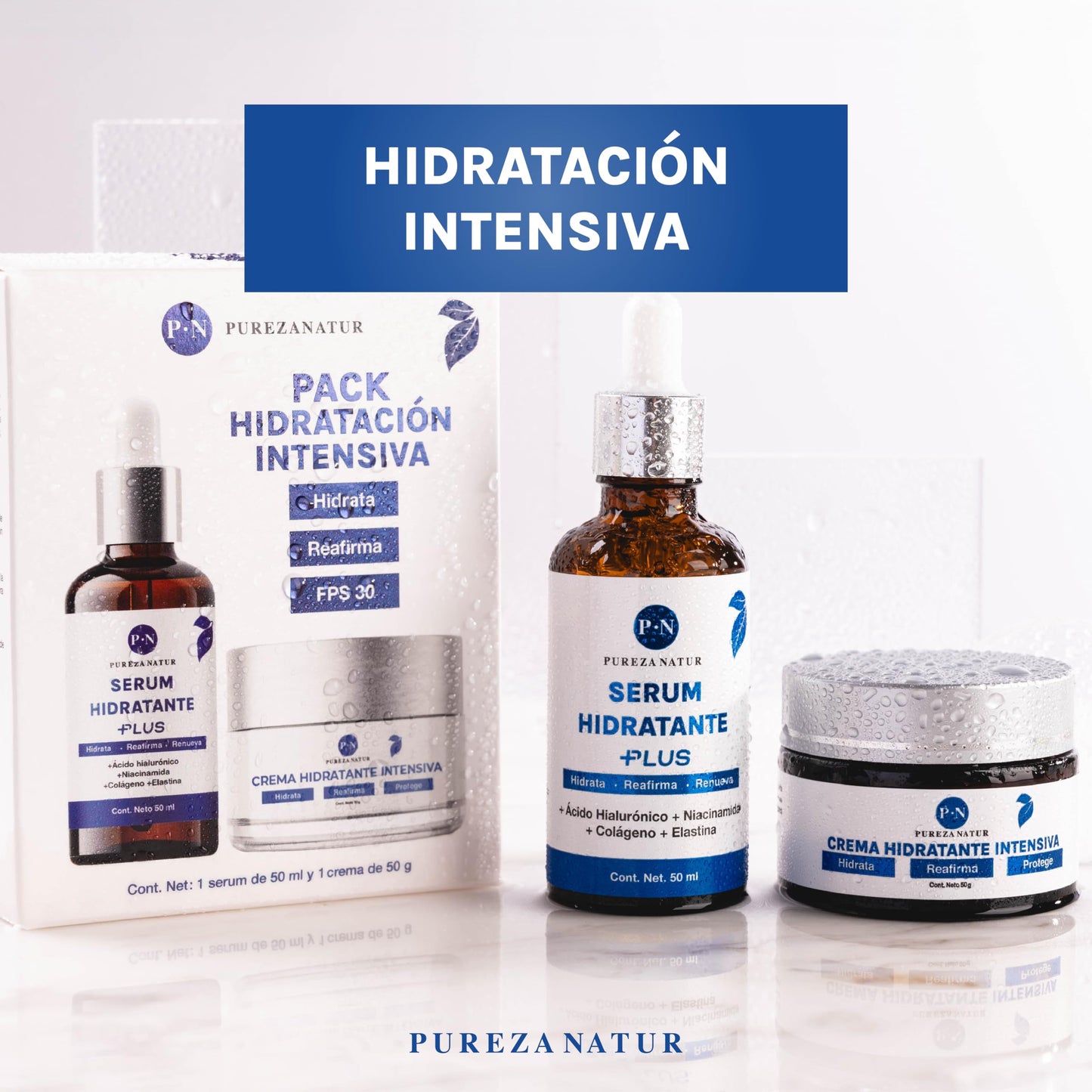 PUREZA NATUR Pack Hidratante intensivo serum Ácido hialurónico facial hidratante PLUS + Crema de hidratación intensiva | Paquete completo suero + crema para el cuidado de la piel, hidratación y rejuvenecimiento (Pack Hidratante intensivo)