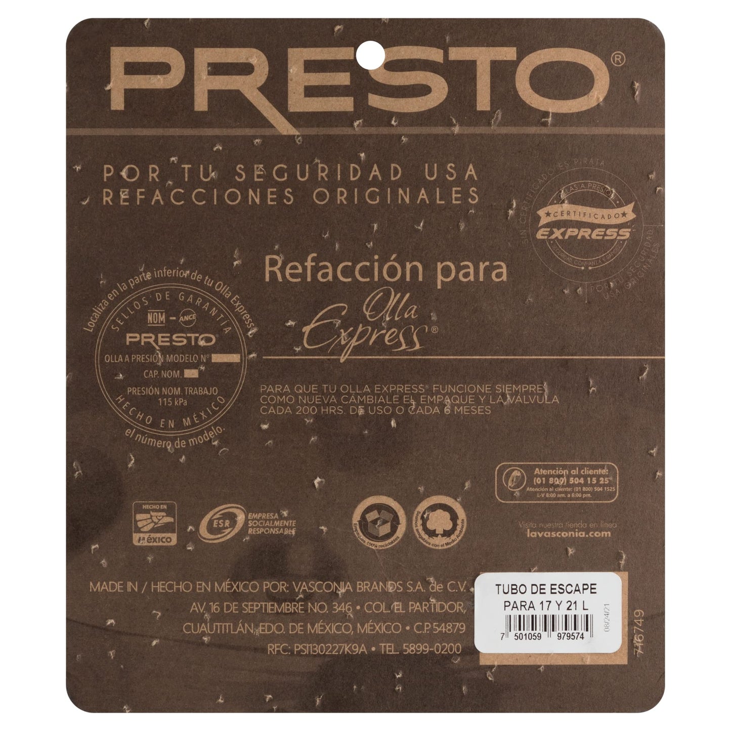 Tubo de Escape de Presión Presto Aluminio Negro 17 y 21L