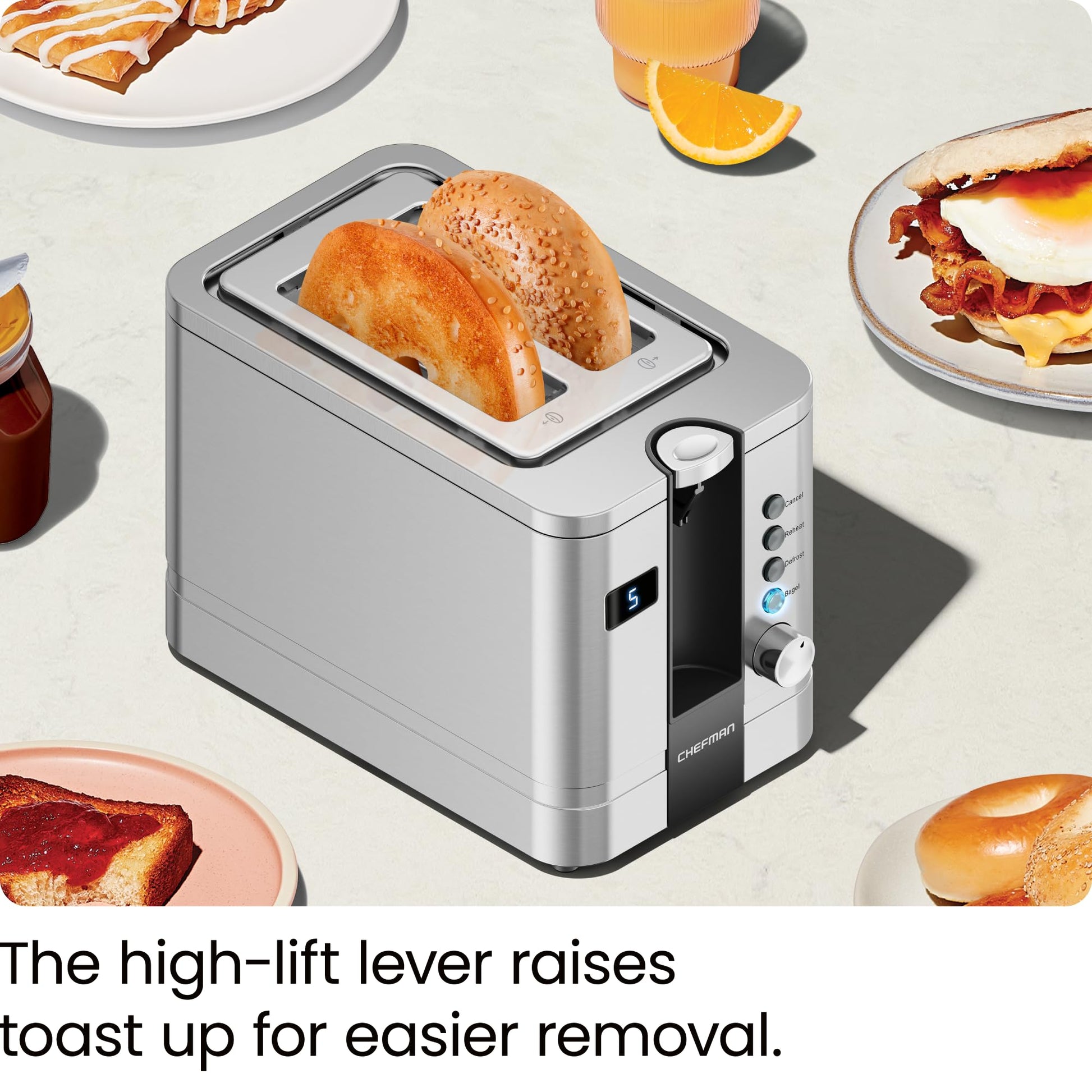 Chefman tostador digital de 2 rebanadas, pop-up, acero inoxidable, ranuras extra anchas para bagels, descongelar, recalentar, funciones de cancelación, bandeja extraíble para migas