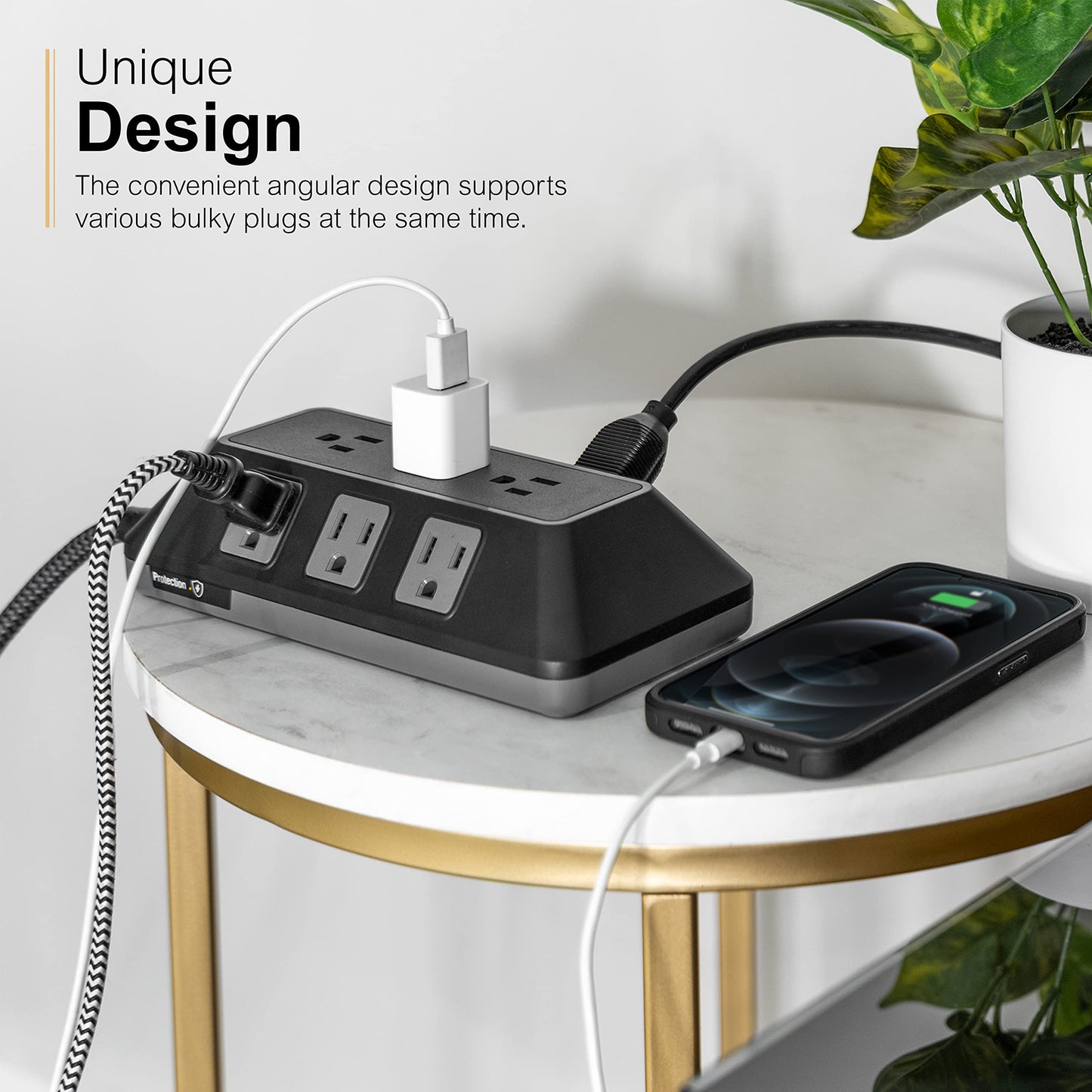 GE UltraPro Adapt - Protector de sobretensiones de 9 Tomas, Cable Trenzado de 8 pies, Protector de sobretensión, Tira de alimentación de protección contra sobretensión, 2480 Julios, Negro, 73774