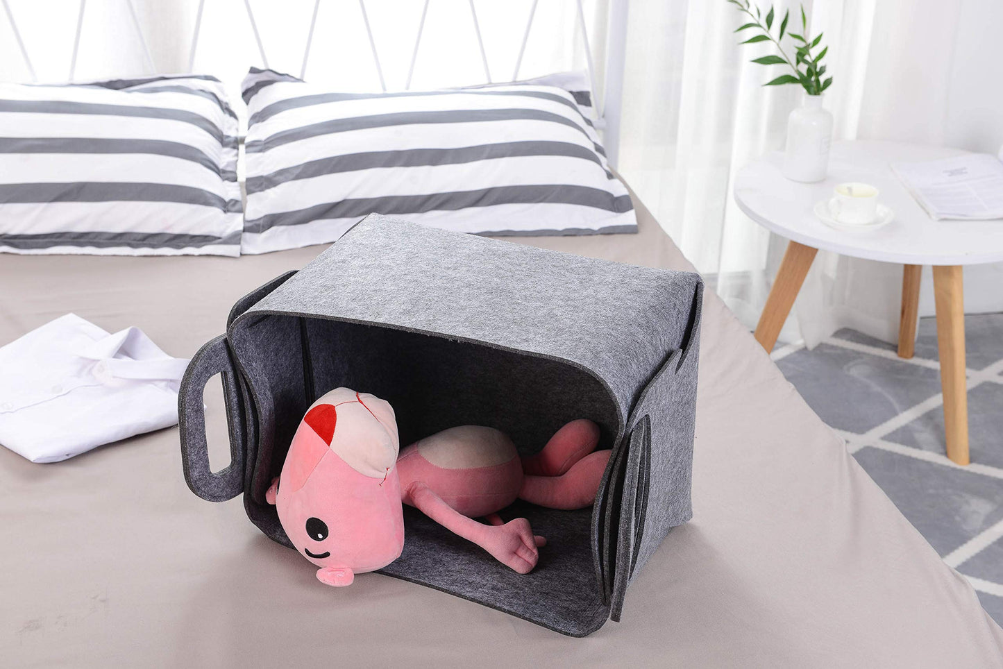 Minoisome - Cesta de almacenamiento de fieltro plegable y conveniente organizador de caja con asas de transporte para oficina, recámara, clóset, bebés, guardería, juguetes (gris, 15.7 pulgadas de