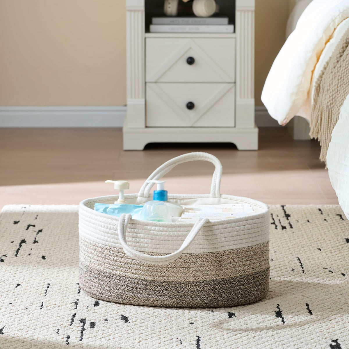 Organizador de pañales para bebé, cesta de pañales grande de cuerda de algodón, organizador de cambiador, bolsa portátil con divisor, almacenamiento de coche, regalos de baby shower para niñas recién