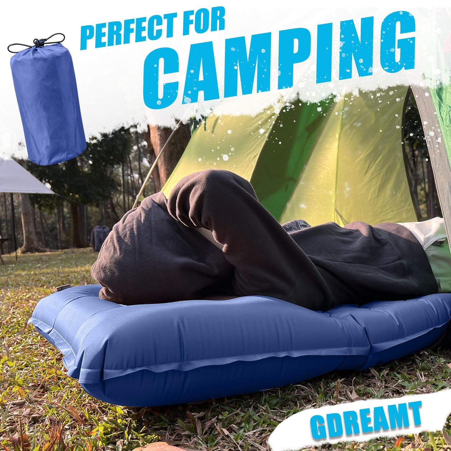 GDREAMT - Almohadilla de dormir inflable para acampar con almohada, grosor extra de 4 pulgadas con bomba integrada, colchón de aire compacto y ultraligero para mochileros, senderismo, tienda de