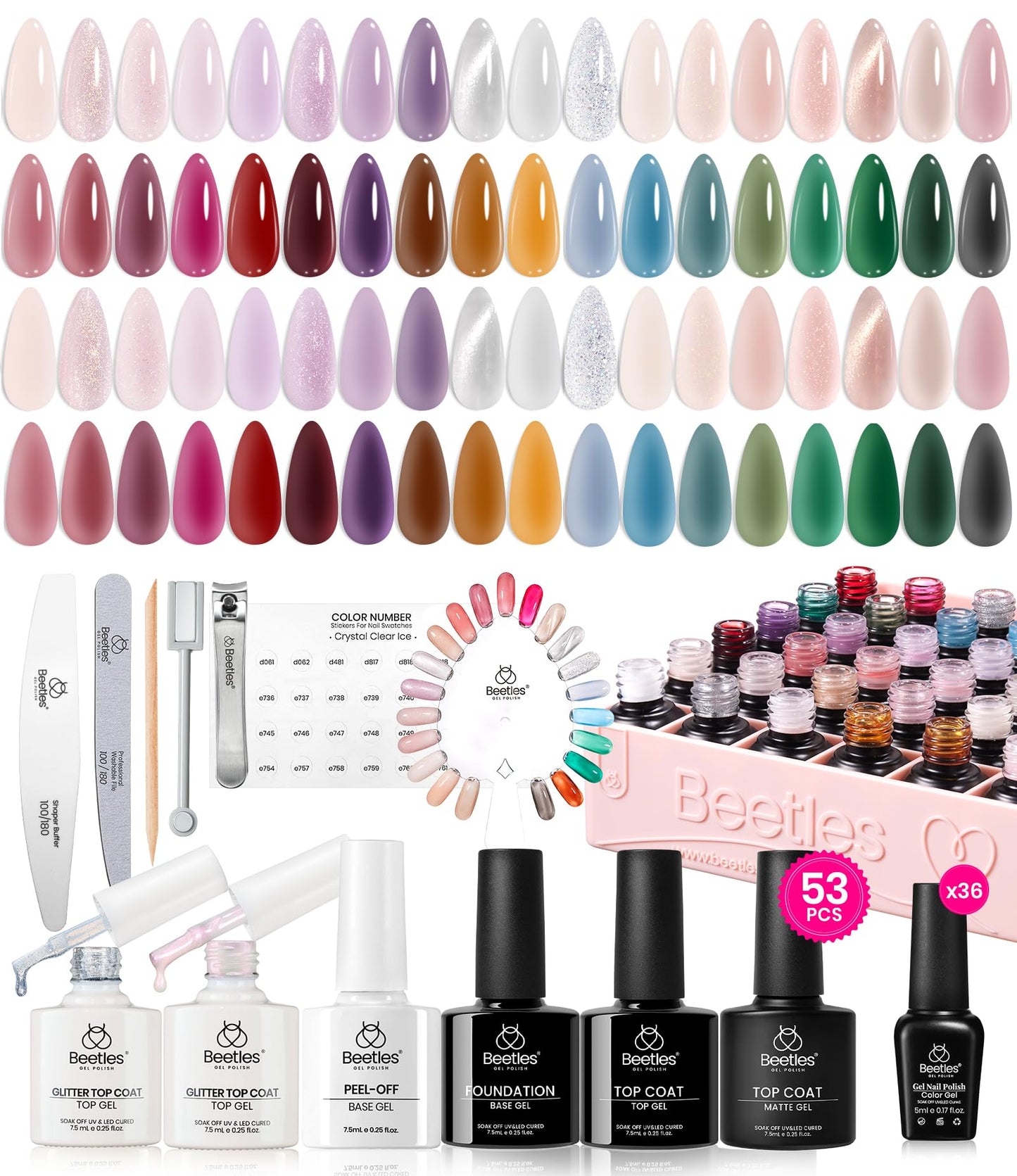 Beetles Set Esmalte en Gel Jelly 53 Piezas 36 Colores Uñas Semitransparentes Milky Cat Eye Glitter Base Top Coat Mate Brillo UV LED Manicura en Casa