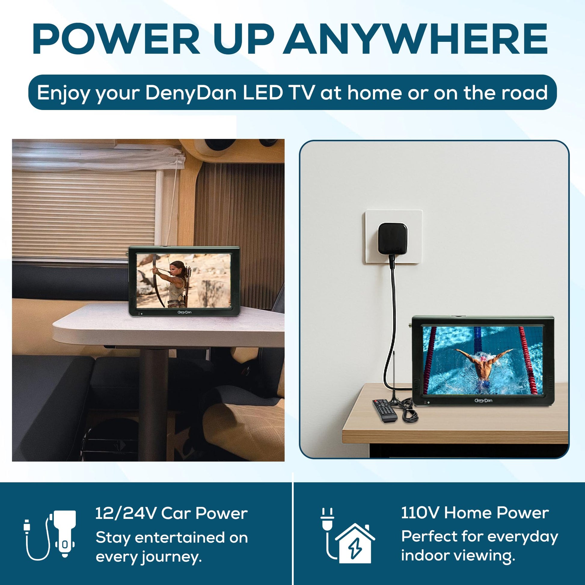DenyDan Televisión portátil de 10" menús en español, Pantalla LED HD 720p, HDMI/USB/AV/SD, batería 4000 mAh hasta 8 h, 12V/24V/110V, Ideal para Auto, camión, RV y Camping