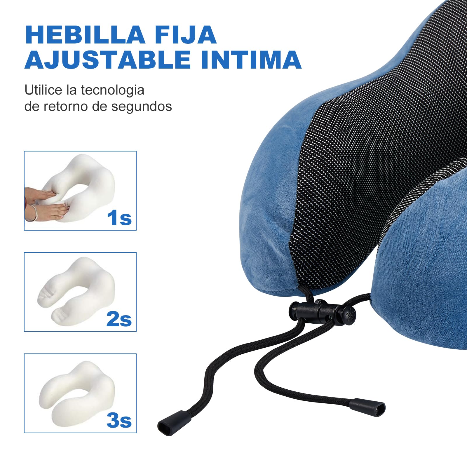 Almohada de Viaje, Almohada de Cuello Viscoelástica de Espuma de Memoria con Máscara de Ojos, Tapones para los oídos y Nariz, y Bolsa con Cordón, Soporte de Cuello para Avión, Oficina y el Hogar(Azul)