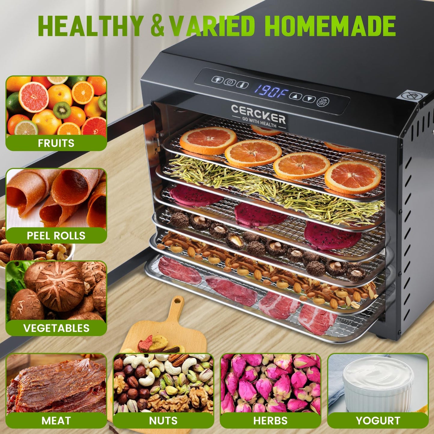 Máquina deshidratadora de alimentos, 7 bandejas de acero inoxidable, secadora de alimentos pequeña de 6 pies cuadrados, 190ºF, deshidratador de frutas 24H, secador de carne de 800 W para ceca