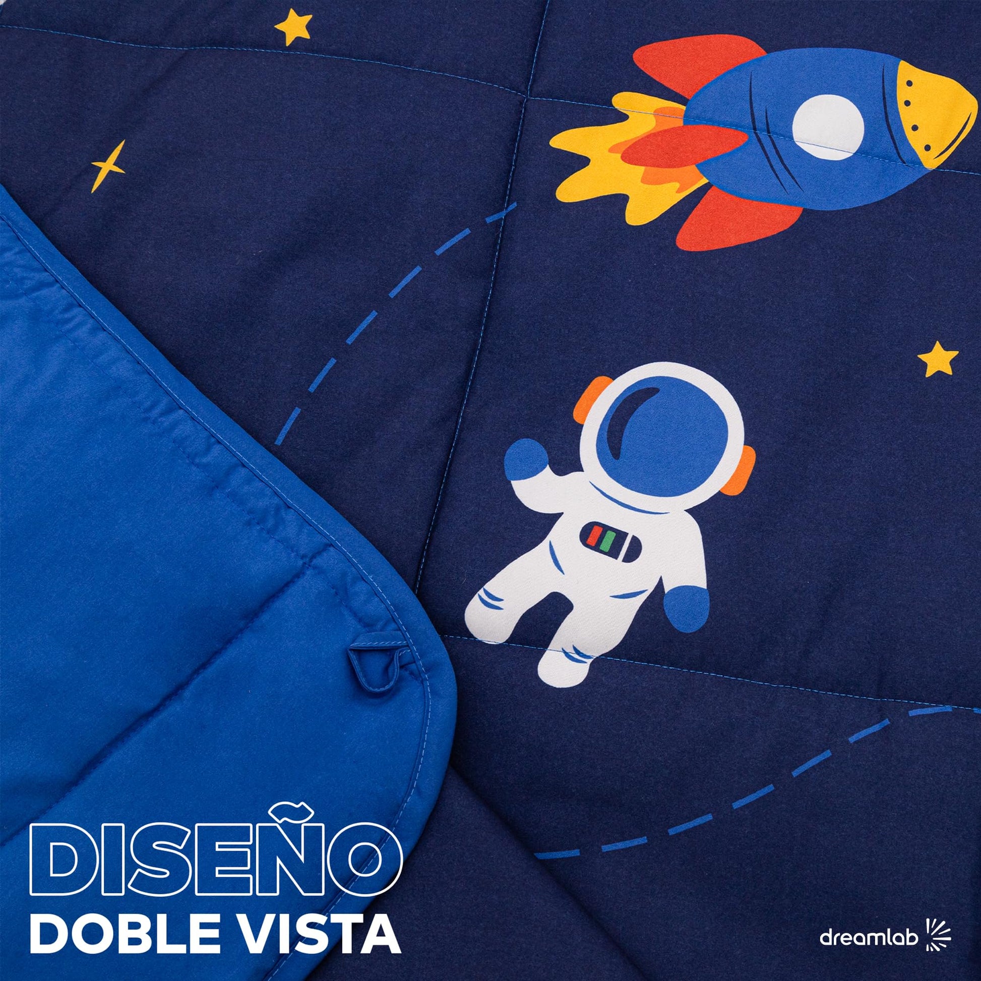 Dreamlab Edredón Ligero Infantil Reversible Hipoalergénico. Colcha Rellena de Microfibra Suave. Diseño para niño, niña o bebé. 1 Pieza. Espacio, Astronauta, Azul (Individual/Matrimonial 195 x 223cm)