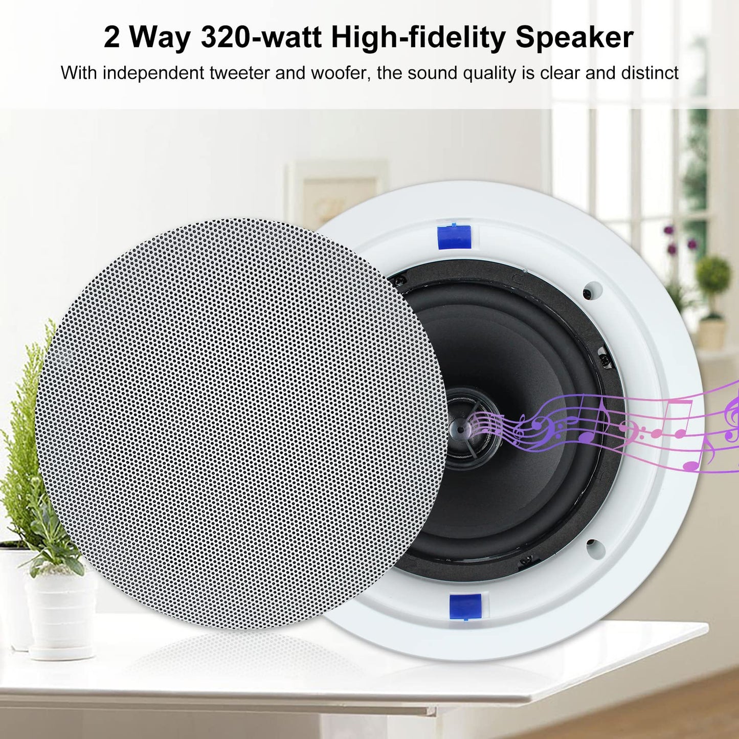 Herdio - Altavoces de techo Bluetooth de 6.5 pulgadas, 320 W, montaje empotrado de 2 vías, receptor amplificador de pared, adecuado para cine en casa, baño, sala de estar, cocina, oficina (blanco,