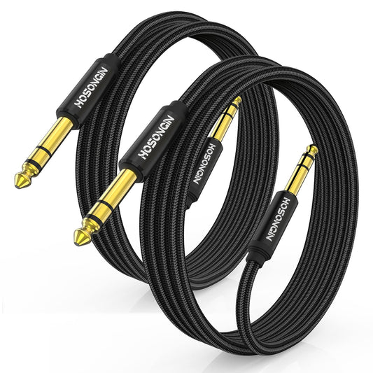 HOSONGIN TRS - Cable de instrumento de 1/4 pulgadas, paquete de 2 [nailon trenzado blindado], 1/4 pulgadas a 1/4 pulgadas TRS macho a macho, cable de audio estéreo, cuarto de pulgada, línea de
