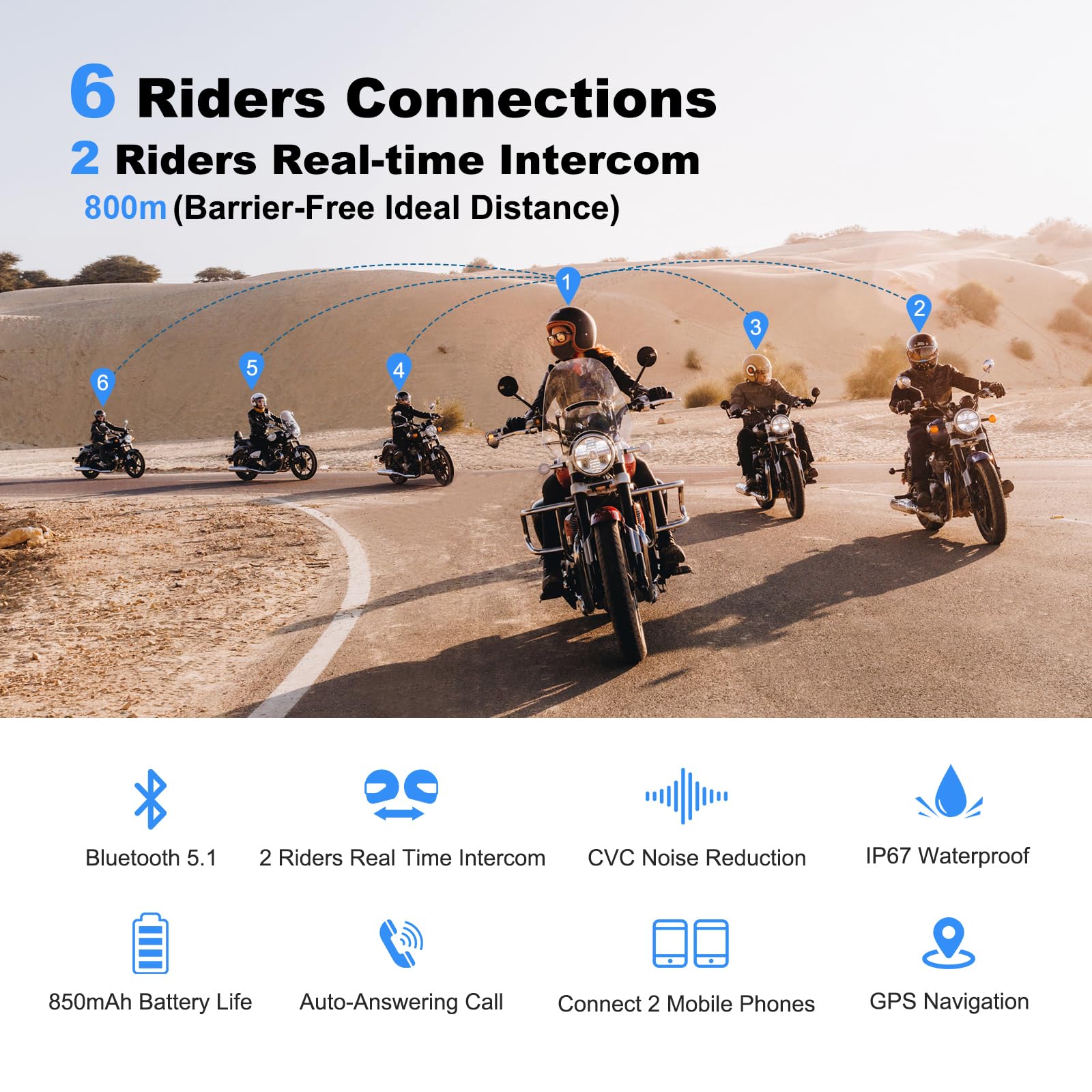 EJEAS V6 Pro Motocicleta Auricular Bluetooth, 2 Riders Intercom Casco Sistema de Comunicación con Auto-contestar la Llamada y la reducción de Ruido para el Motociclismo Esquí y Escalada (1 Pack)