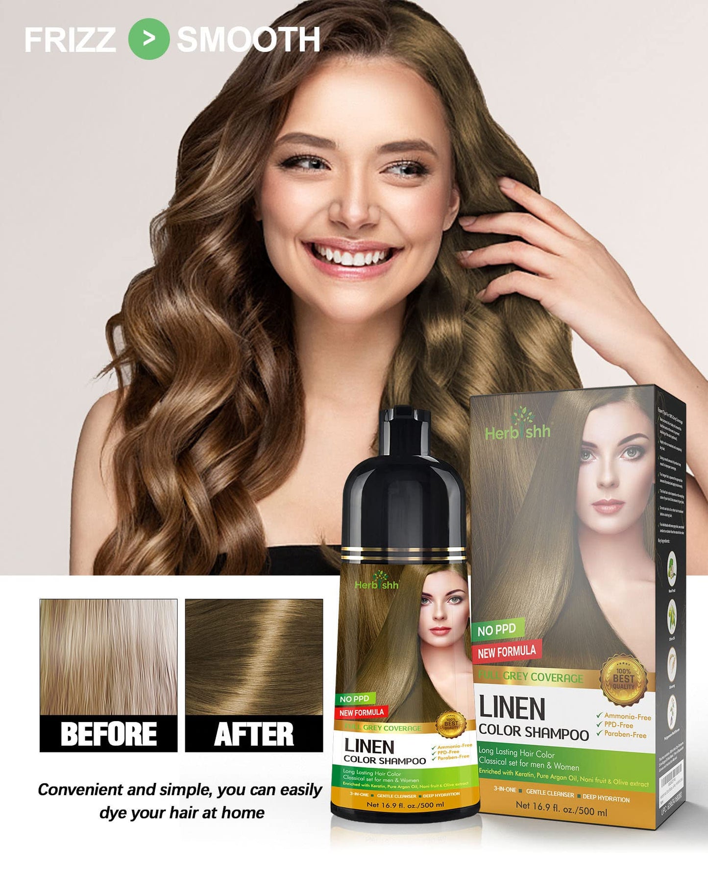 Herbishh - Champú para teñir el cabello gris, champú con tinte natural para el cabello, colorea el cabello en minutos, dura hasta 3 a 4 semanas, 500 ml, tinte de cabello 3 en 1, sin amoniaco | (lino)