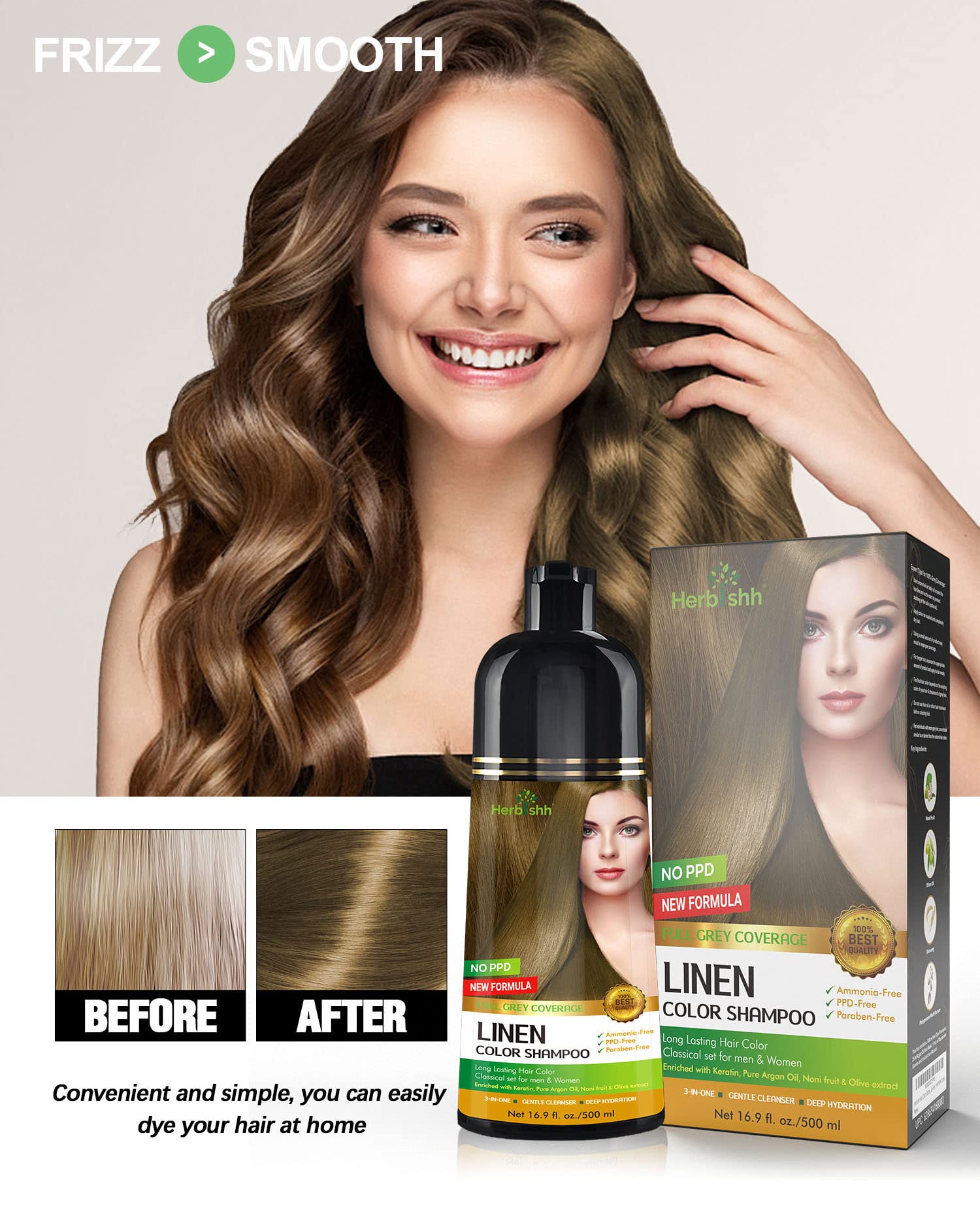 Herbishh - Champú para teñir el cabello gris, champú con tinte natural para el cabello, colorea el cabello en minutos, dura hasta 3 a 4 semanas, 500 ml, tinte de cabello 3 en 1, sin amoniaco | (lino)