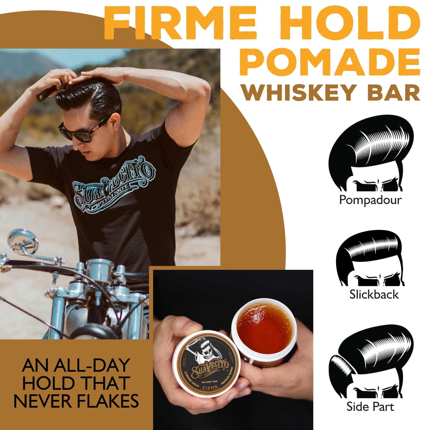 Suavecito Pomade Firme Cera Para Cabello de Fijacion Media Brillo Medio Todo Tipo de Cabello Aroma Whiskey Bar 113g