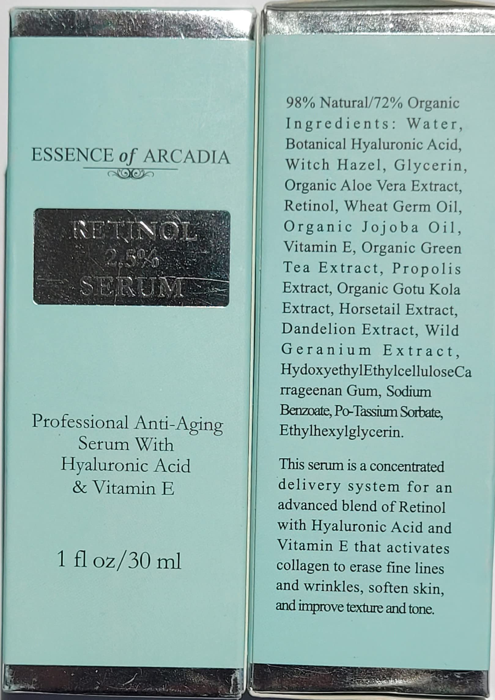 RETINOL 2.5% Serum, Professional Strength Anti- Aging Formula With Hyaluronic Acid and Vitamin E by Essence of Arcadia, Minimize Wrinkles, Fade Dark Spots