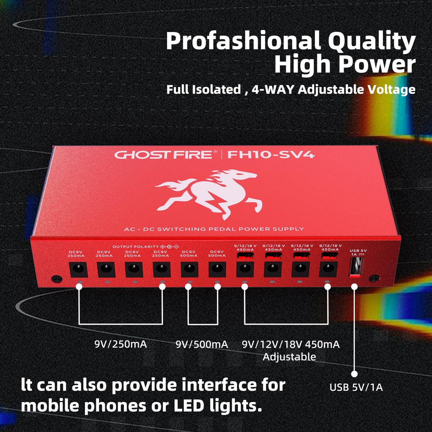 Fuente de Alimentación de Pedal GHOST FIRE Aislado con Protección Independiente contra Cortocircuitos (FH10-SV4)