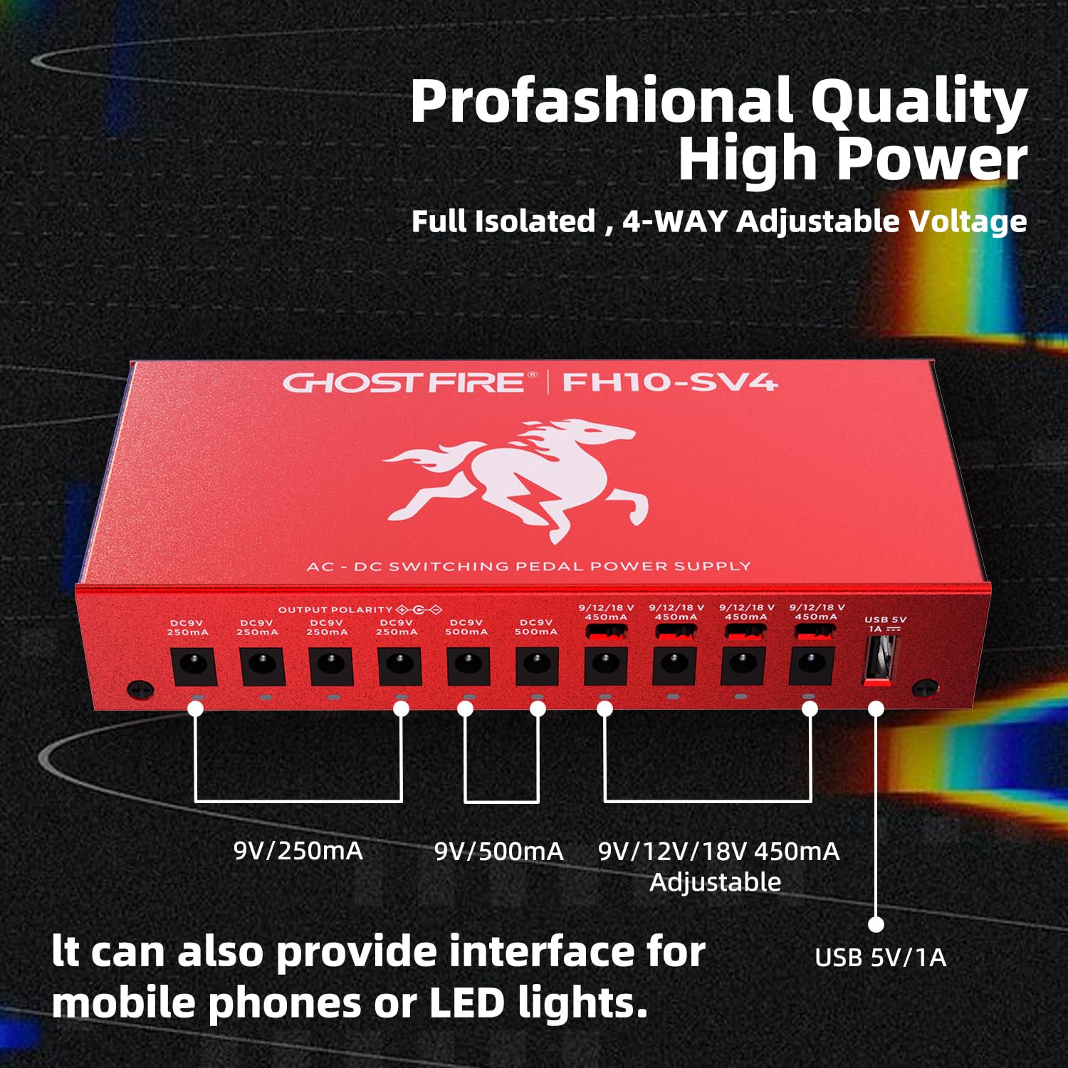 Fuente de Alimentación de Pedal GHOST FIRE Aislado con Protección Independiente contra Cortocircuitos (FH10-SV4)