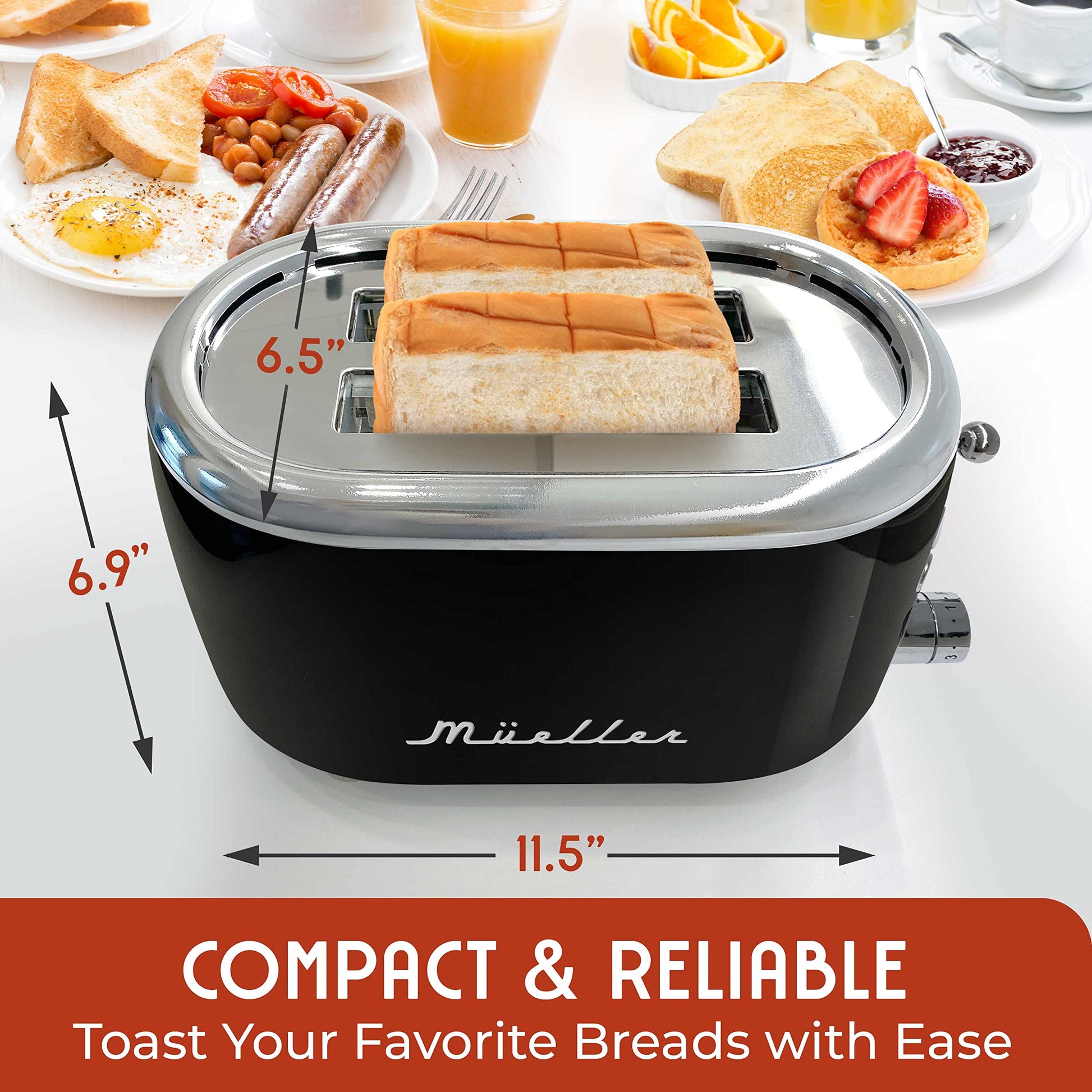 Mueller - Tostador retro para 2 rebanadas con 7 niveles de tostado y 3 funciones, calentar, descongelar y cancelar, acero inoxidable, charola de residuos extraíble, compartimento de cable bajo base,
