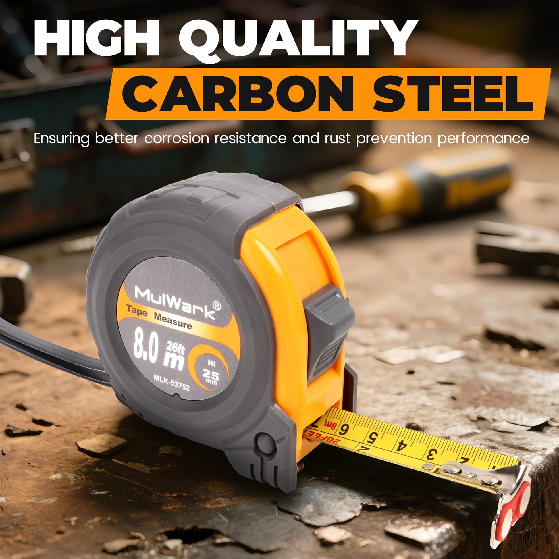 Cinta Métrica MulWark 7.9 m Hoja de Metal con Gancho Magnético y Funda Absorbente para Construcción y Carpintería