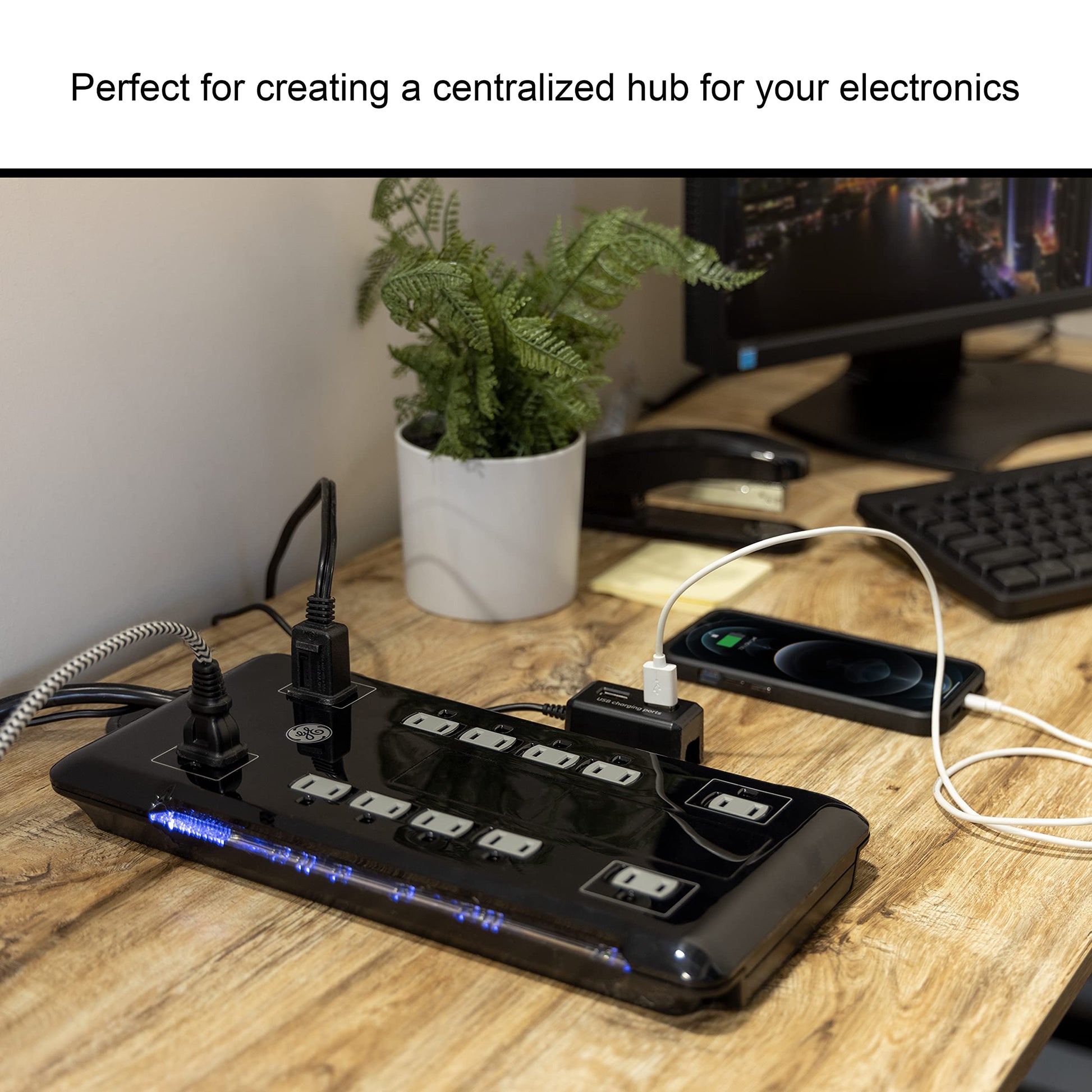 GE Protector de sobretensión UltraPro de 12 Salidas, 2 Puertos USB conectados, Cable de alimentación de 8 pies, 4320 Julios, Filtro de Potencia, disyuntor, garantía, listado UL, 11824