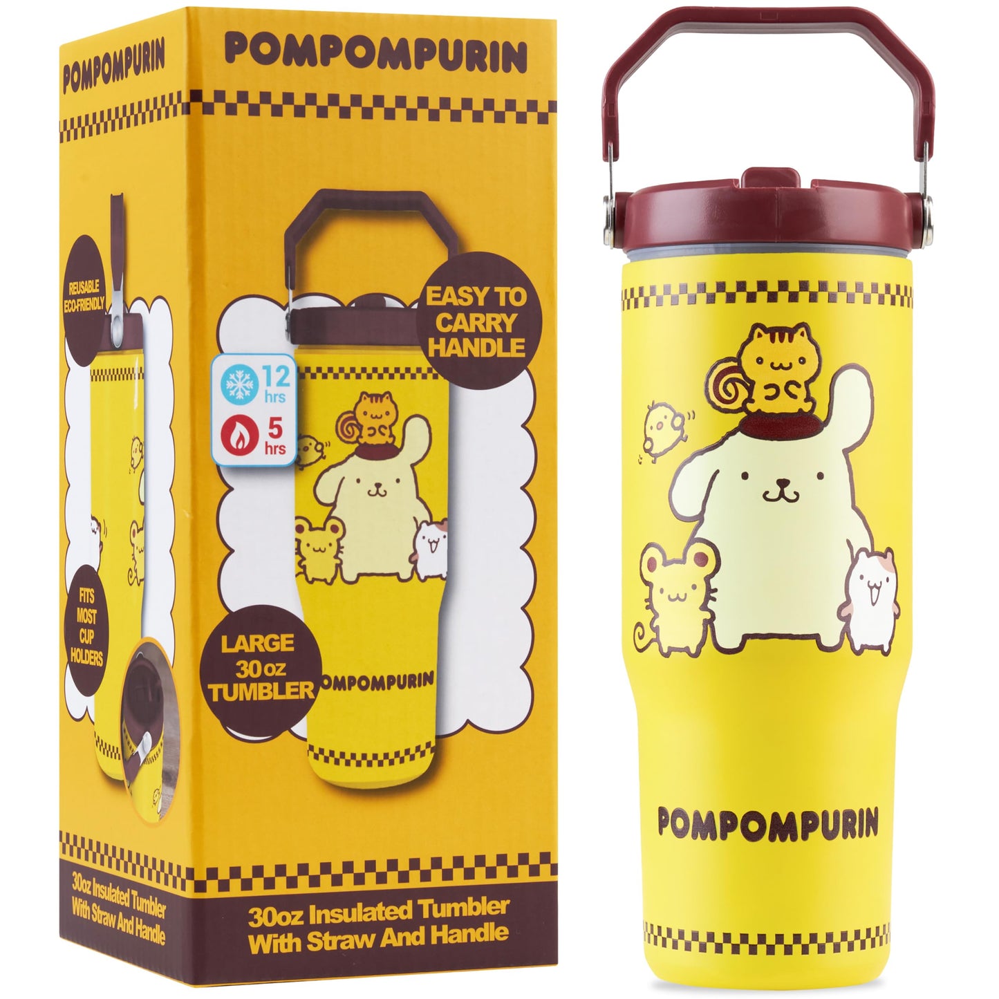 Get Trend Hello Kitty Pompompurin Botella de agua de acero inoxidable con asa y pajita de 30 onzas, para niños, aislada, sin BPA, a prueba de fugas, mantiene el frío por 12 horas, caliente por 5 horas