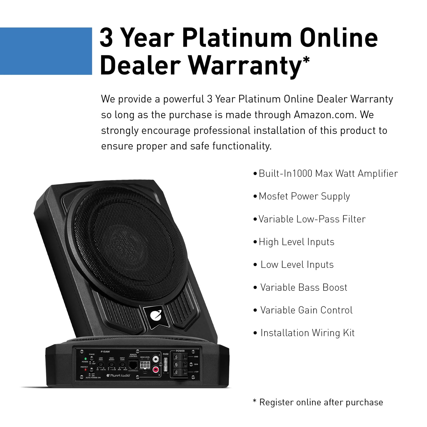 Planet Audio Subwoofer Amplificado para automóvil P10AWK: 1000 vatios, Perfil bajo, subwoofer de 10 Pulgadas, Kit de instalación de Amplificador de Calibre 8 Incluido.