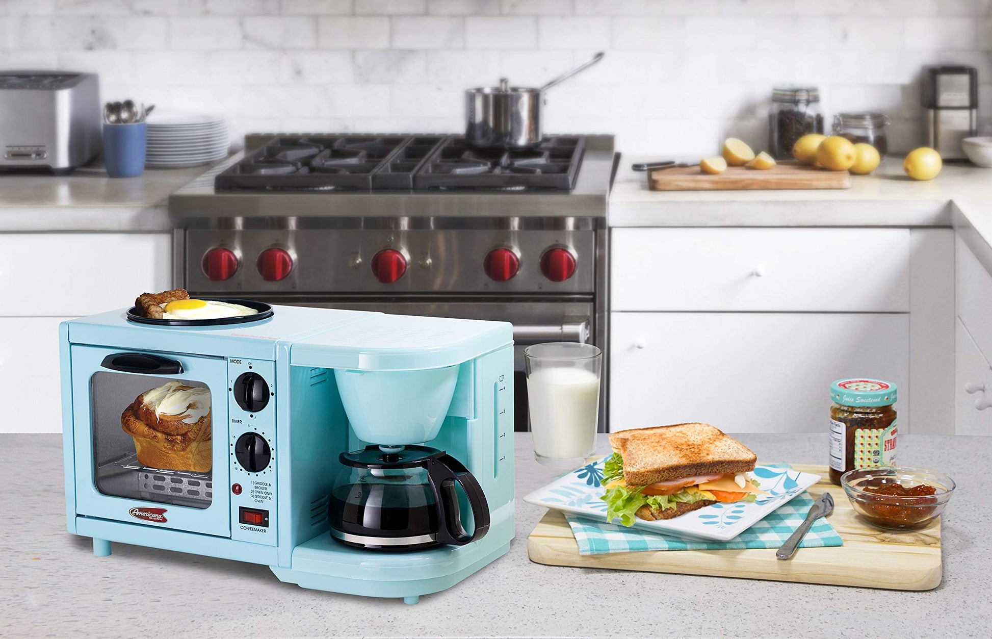 MaxiMatic EBK-200BL Elite Cuisine Cafetera/Tostador/Parrilla Multifunción para El Desayuno, 3 en 1, Azul