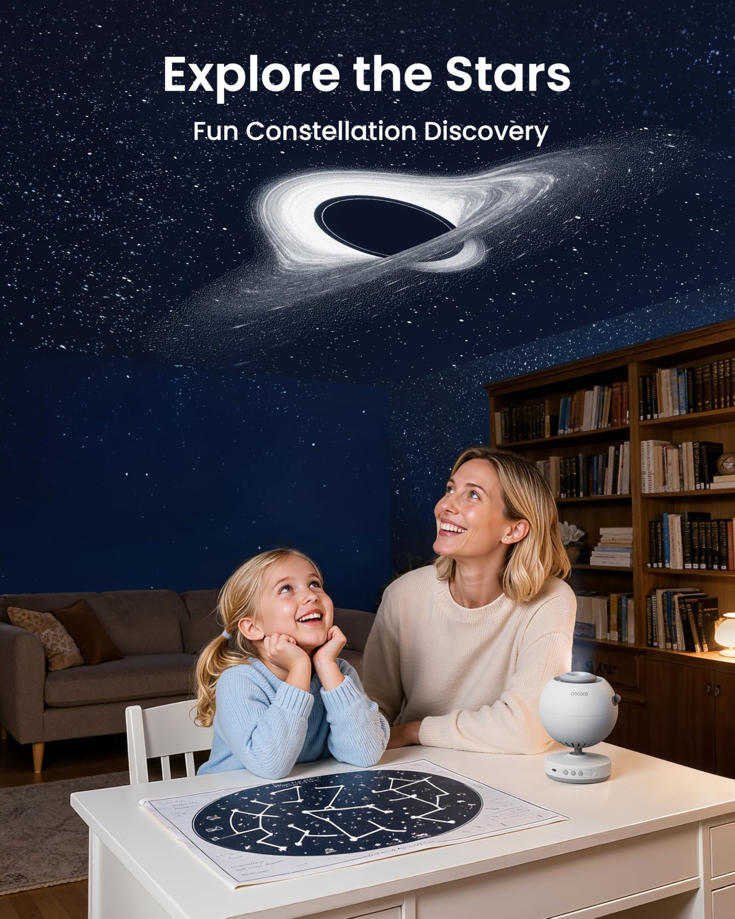 POCOCO Proyector Galaxy Star con lente de 2 m píxeles y discos 5 K, proyector de planetario para relajación, estudio y ayuda al sueño, incluye 2 películas, regalo ideal